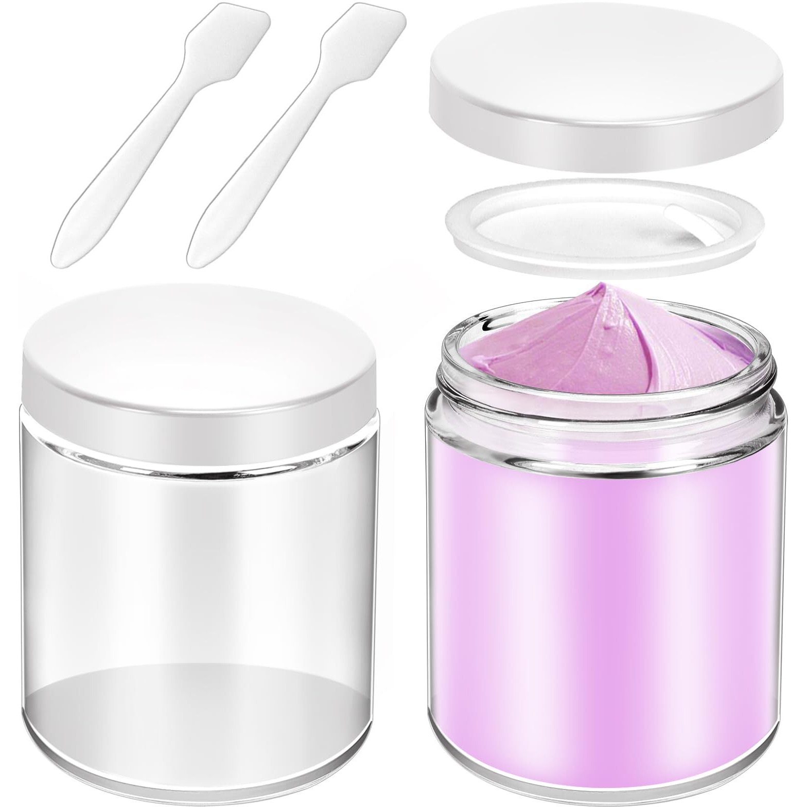Motbach 2 Pack 8Oz Glass Jars With Lids, Round Glass Jars With Spatulas, Inner Liners And White Lids, Empty Cosmetic Containers Travel Toiletries Container For Lotion, Cream, Makeup, Cosmetic, Slime