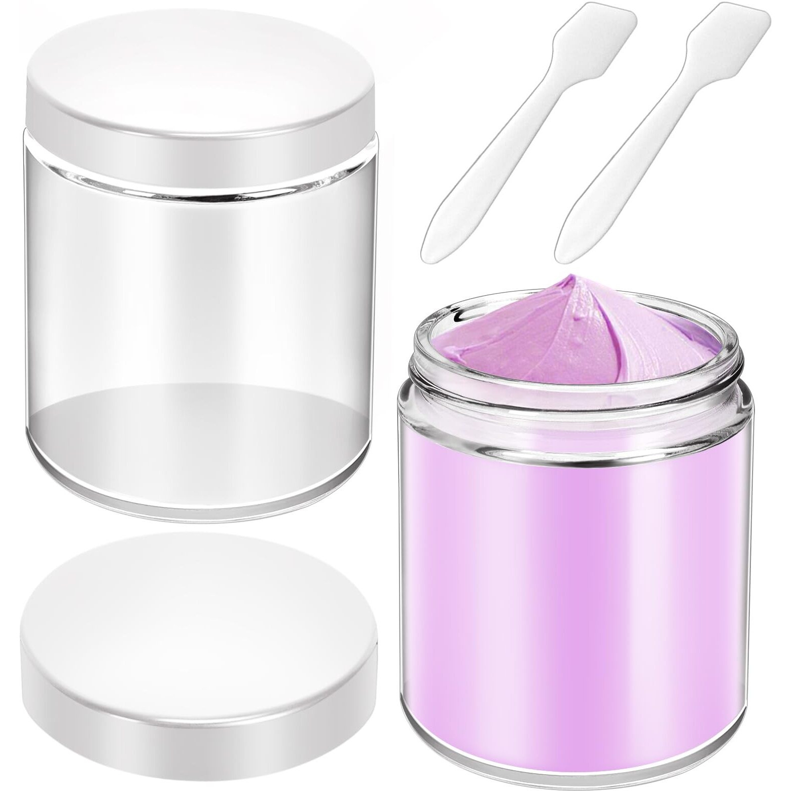 Motbach 2 Pack 8Oz Glass Jars With Lids, Round Glass Jars With Spatulas, Inner Liners And White Lids, Empty Cosmetic Containers Travel Toiletries Container For Lotion, Cream, Makeup, Cosmetic, Slime