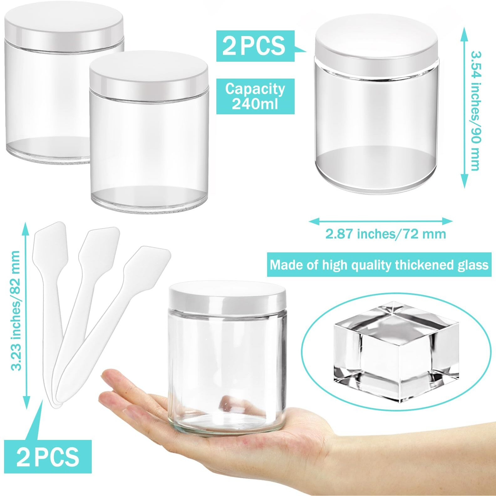 Motbach 2 Pack 8Oz Glass Jars With Lids, Round Glass Jars With Spatulas, Inner Liners And White Lids, Empty Cosmetic Containers Travel Toiletries Container For Lotion, Cream, Makeup, Cosmetic, Slime