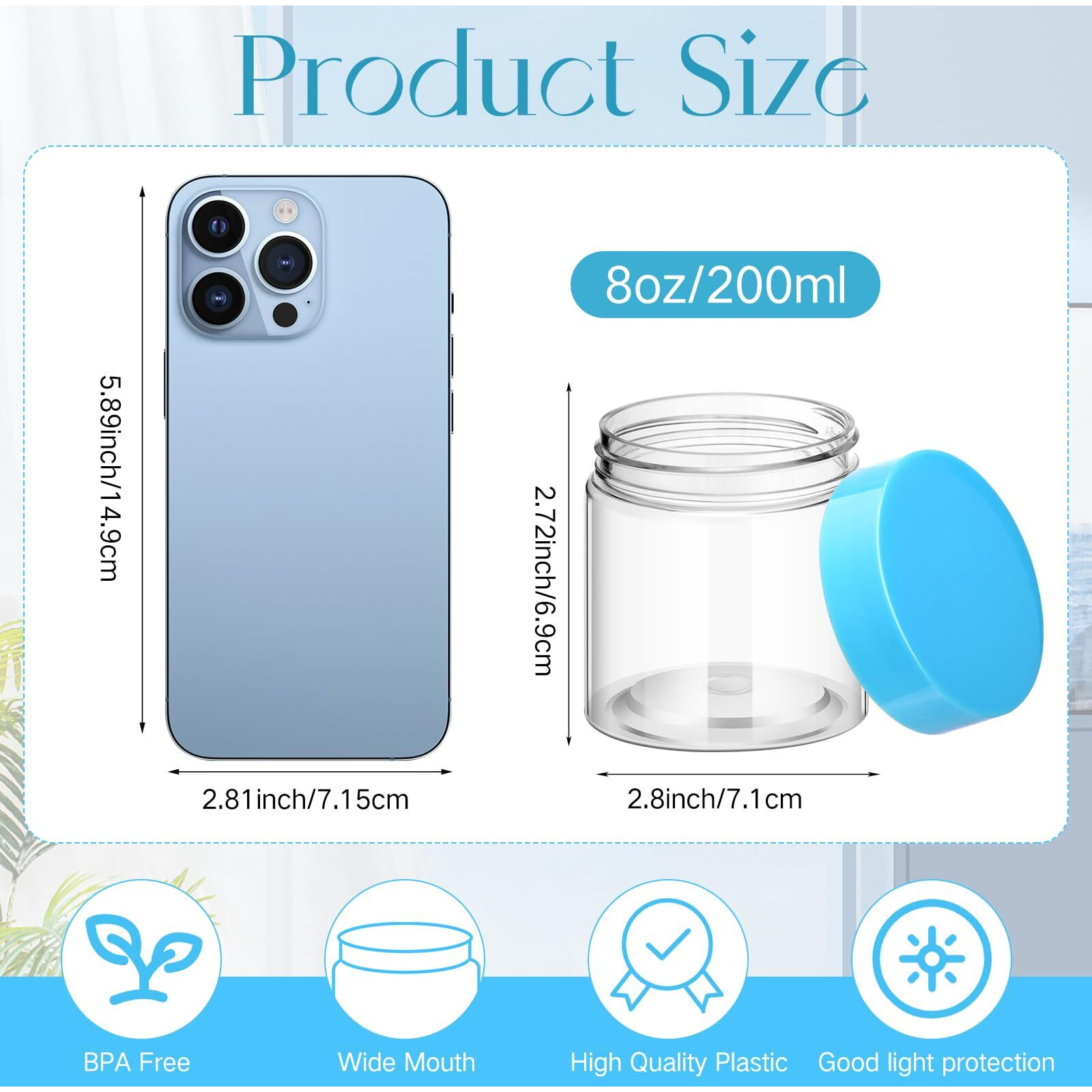 Satinior 100 Pcs Plastic Jars With Lids Small Containers Lids Wide Mouth Small Plastic Containers For Lotion Cream Rhinestones Body Butters Travel Storage(8 Oz,Clear With Blue Lid)