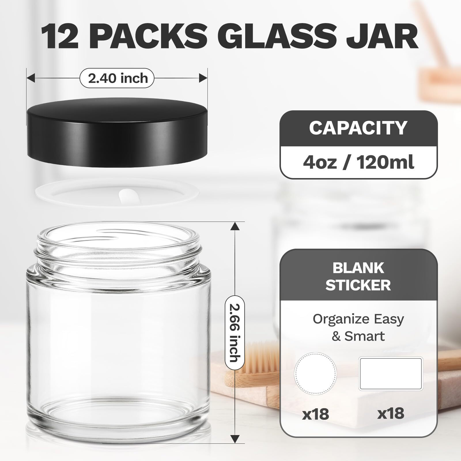 4 Oz Small Glass Jars With Lids, Bumobum 12 Pack Clear Glass Cosmetic Jars With Inner Liners, 120Ml Round Empty Sample Containers With Blank Labels For Cream, Body Scrub, Lotion