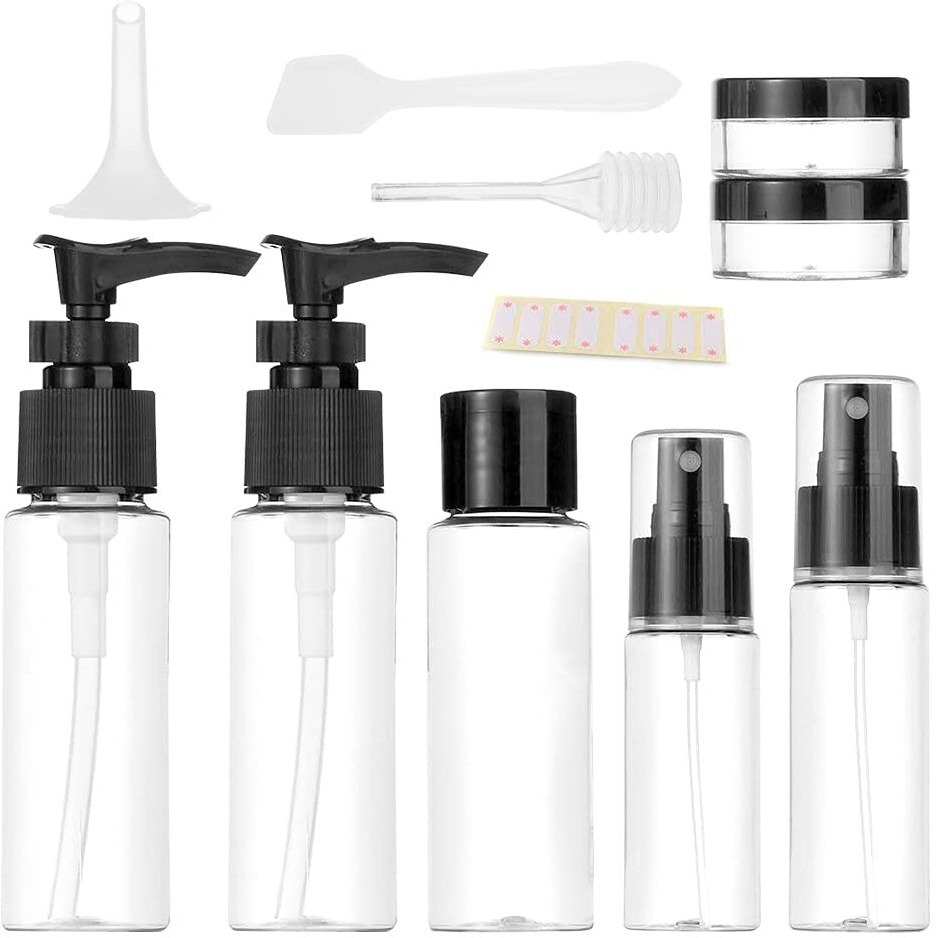 Vitog Travel Bottles Kit, Tsa Approved Leak Proof Portable Toiletry Containers Set, Clear Flight Size Pet Cosmetic Containers For Lotion, Shampoo, Cream, Soap, Set Of 11 (Black+Plastic)