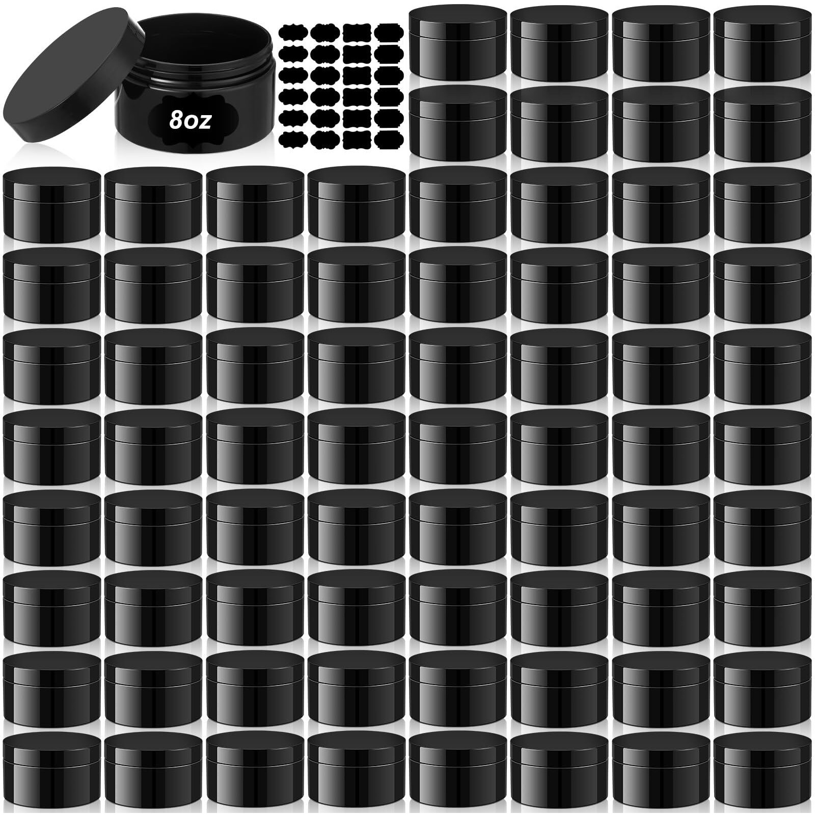 Dandat 72 Pcs 8 Oz Pet Loose Powder Containers Plastic Jars With Lid And Label, Leak Proof Empty Cosmetic Jars For Lotion, Cream, Gel, Powder - Refillable Travel Storage Containers(Black)