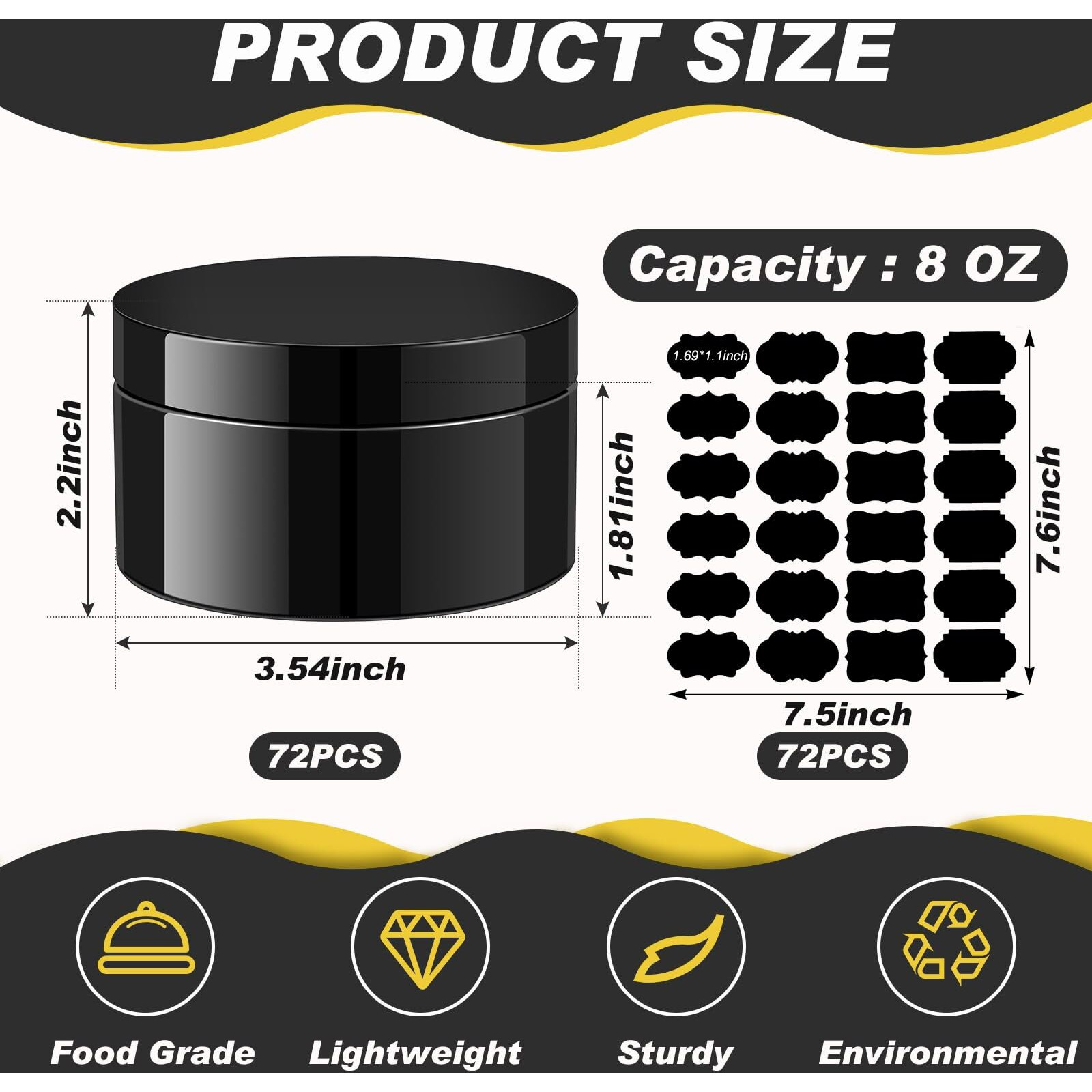 Dandat 72 Pcs 8 Oz Pet Loose Powder Containers Plastic Jars With Lid And Label, Leak Proof Empty Cosmetic Jars For Lotion, Cream, Gel, Powder - Refillable Travel Storage Containers(Black)