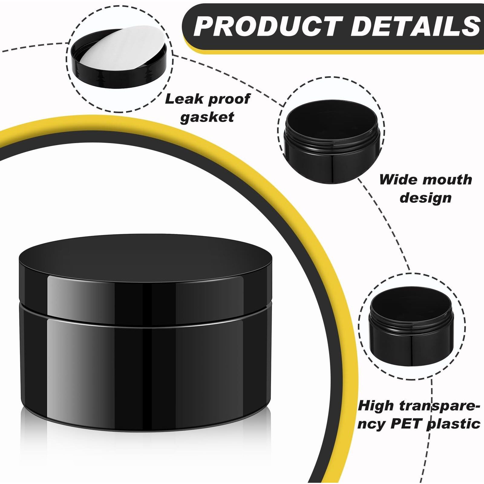 Dandat 72 Pcs 8 Oz Pet Loose Powder Containers Plastic Jars With Lid And Label, Leak Proof Empty Cosmetic Jars For Lotion, Cream, Gel, Powder - Refillable Travel Storage Containers(Black)