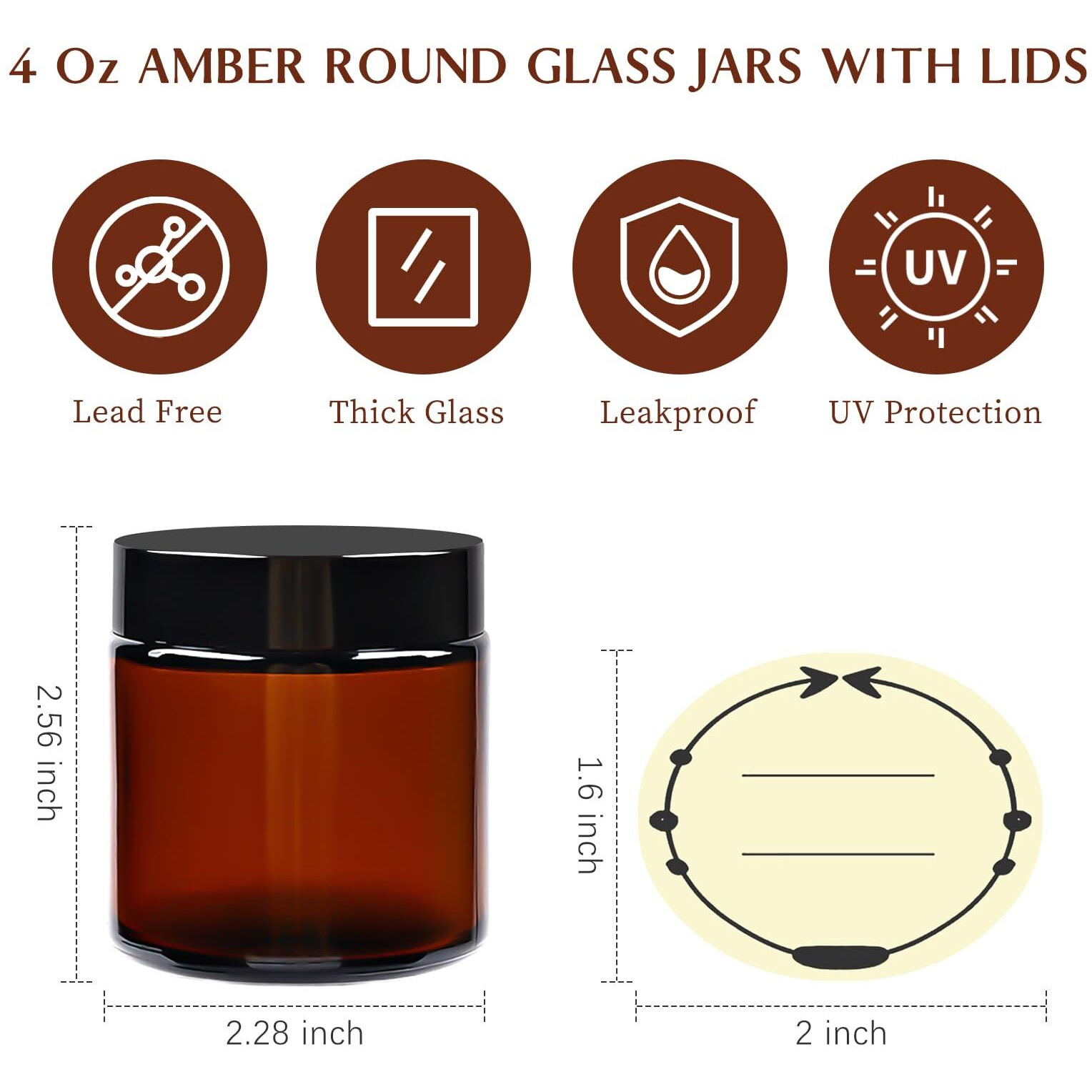 Tuzazo 4Oz Amber Glass Jars With Lids, 2 Pack Round Small Glass Jars With Inner Liners & Stickers Reusable Empty Cosmetic Containers For Lotions, Body Butters, Creams, Powders, Candles