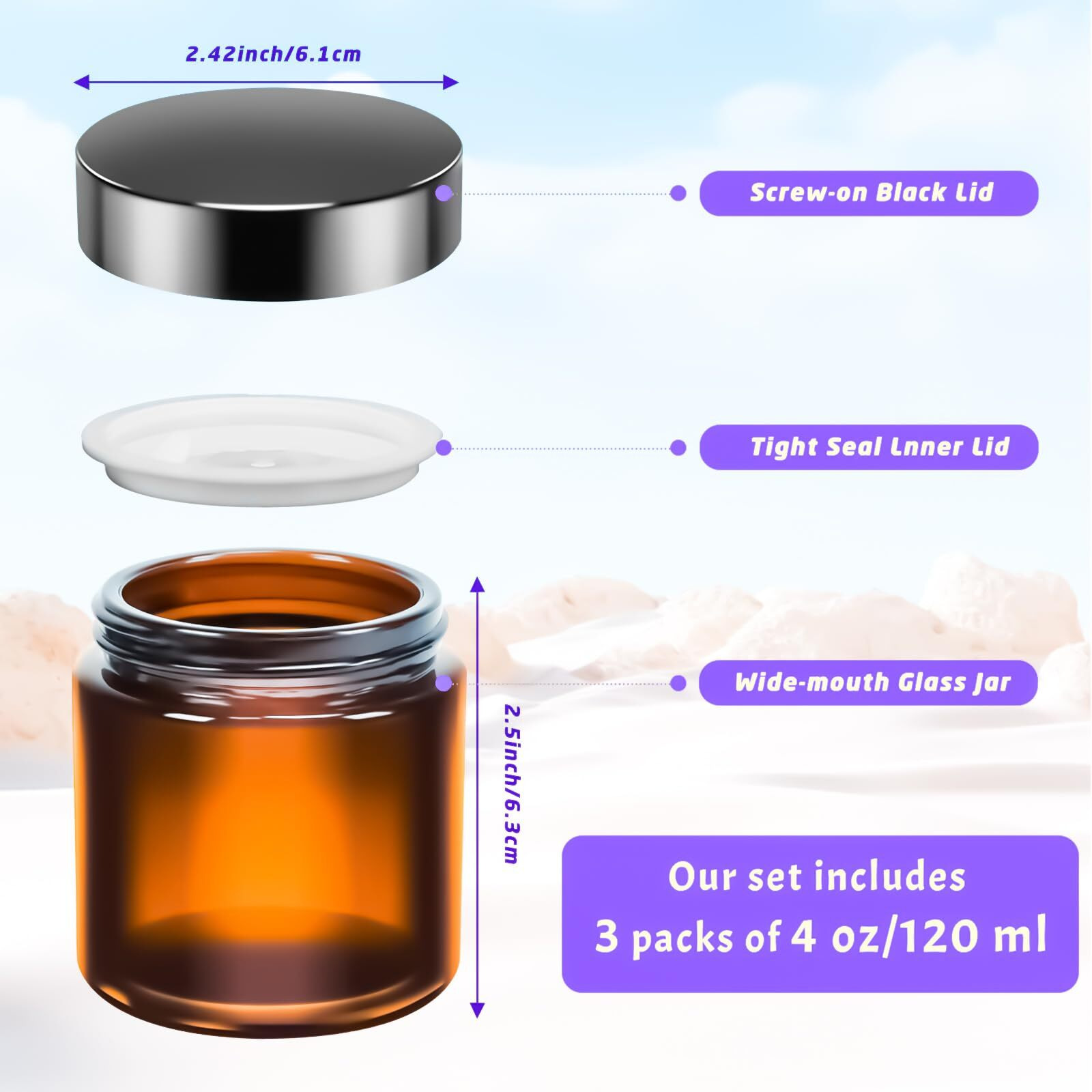 Motbach 3 Pack 4Oz Glass Jars With Lids, 4Ounce Small Glass Containers With Lids And Inner Liners, 120Ml Clear Round Jars Travel Toiletries With Spatula For Makeup Cosmetic Powder Lipbalm Cream Lotion