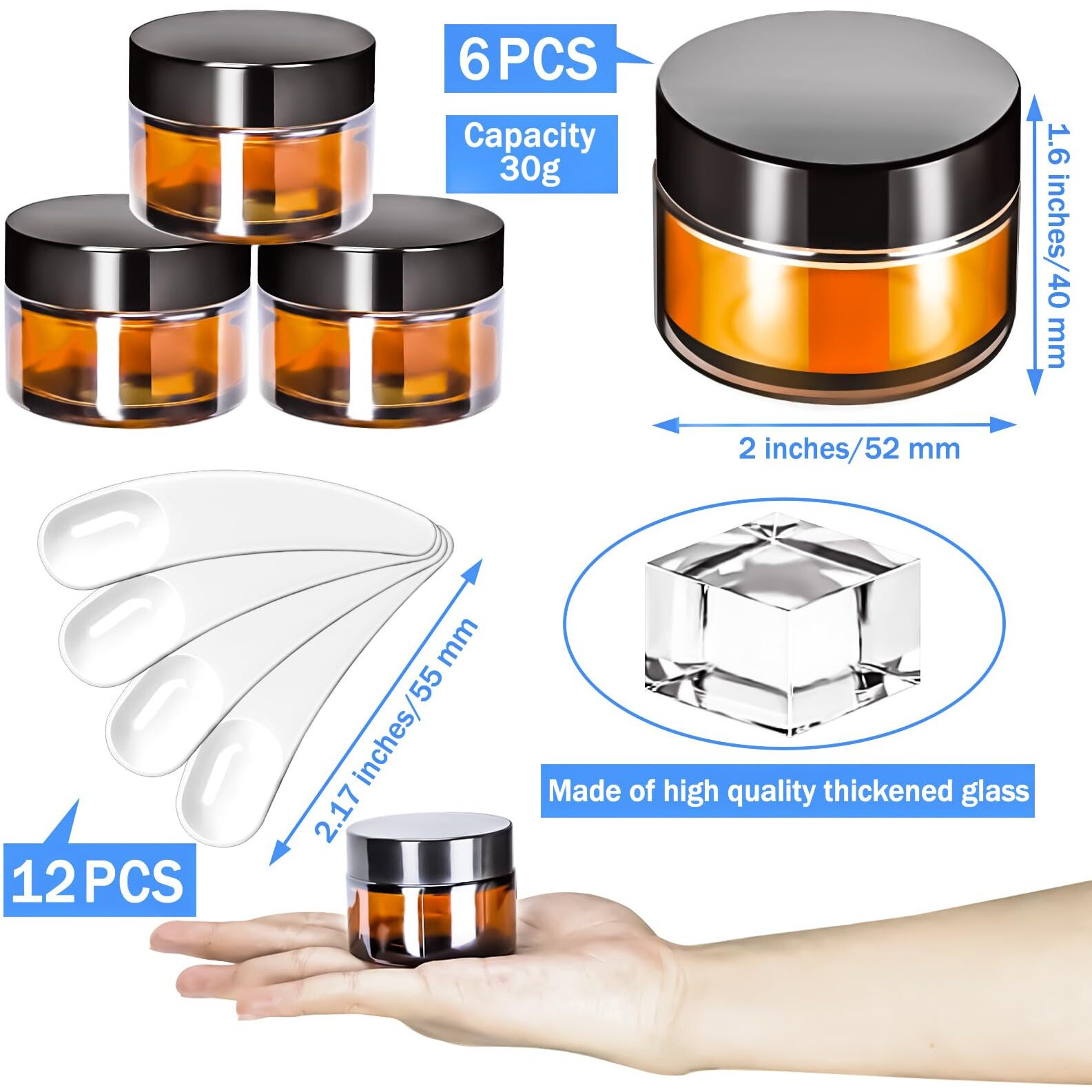Motbach 6 Pack 1Oz Amber Glass Jars With Lids, 1Ounce Small Glass Containers With Lids And Inner Liners, 30Ml Clear Round Jars Travel Toiletries With Spatula For Makeup Cosmetic Powder Cream Lotion