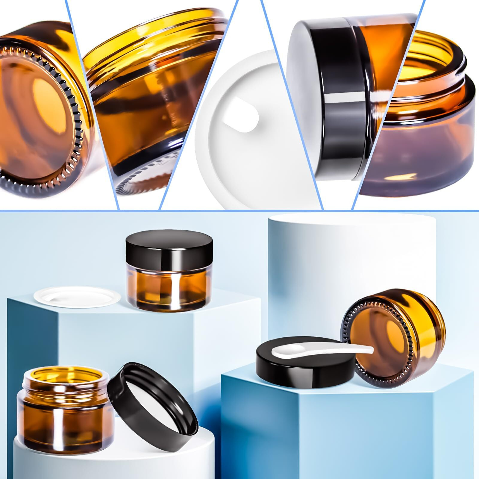 Motbach 6 Pack 1Oz Amber Glass Jars With Lids, 1Ounce Small Glass Containers With Lids And Inner Liners, 30Ml Clear Round Jars Travel Toiletries With Spatula For Makeup Cosmetic Powder Cream Lotion