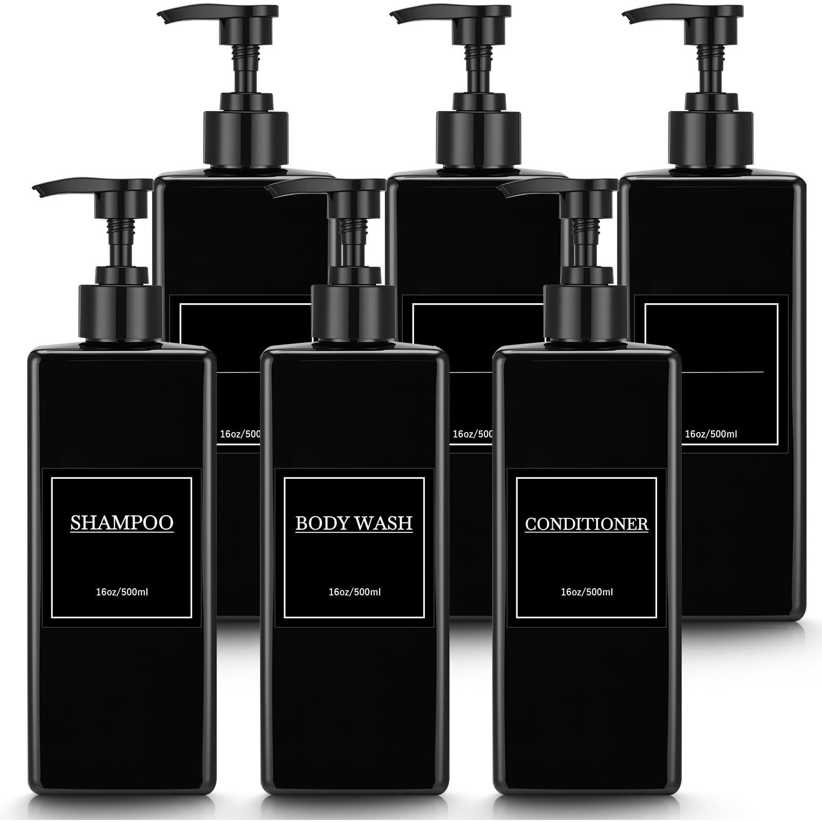 Tanlade 6 Pcs Shampoo And Conditioner Dispenser Bottles 16Oz Modern Shower Soap Bottles With Pump, Labels And Marker Pen Easy To Refill Body Wash Dispensers For Home Bathroom Decoration (Black)