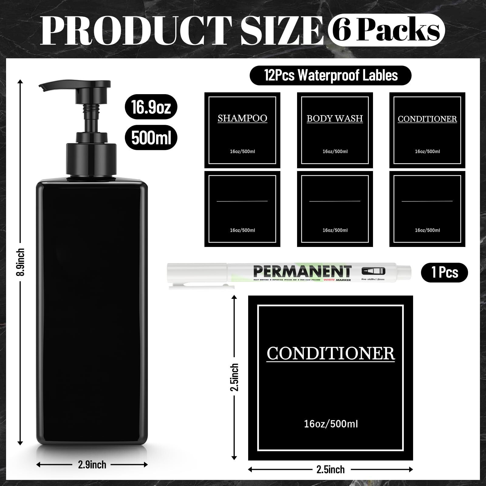 Tanlade 6 Pcs Shampoo And Conditioner Dispenser Bottles 16Oz Modern Shower Soap Bottles With Pump, Labels And Marker Pen Easy To Refill Body Wash Dispensers For Home Bathroom Decoration (Black)