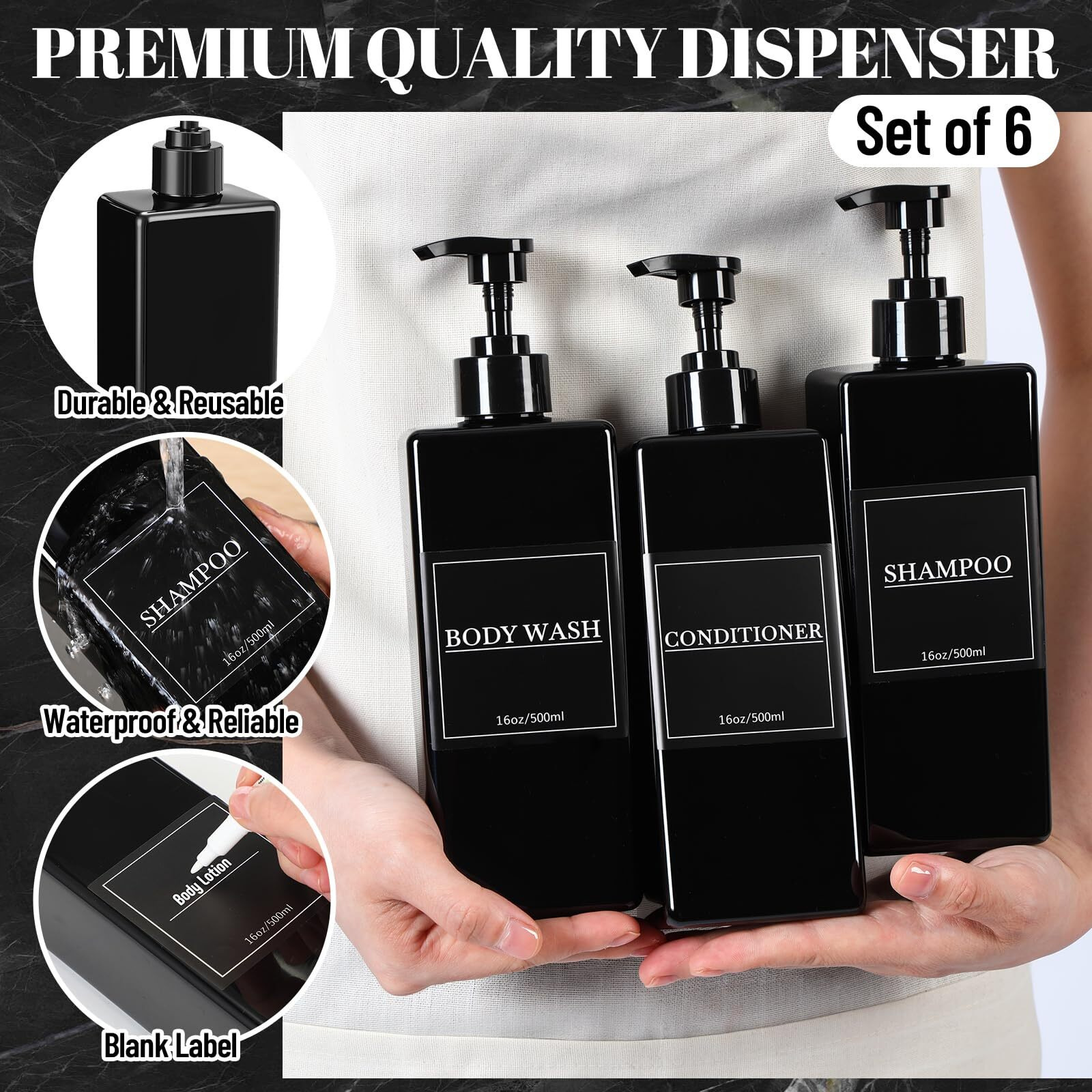 Tanlade 6 Pcs Shampoo And Conditioner Dispenser Bottles 16Oz Modern Shower Soap Bottles With Pump, Labels And Marker Pen Easy To Refill Body Wash Dispensers For Home Bathroom Decoration (Black)