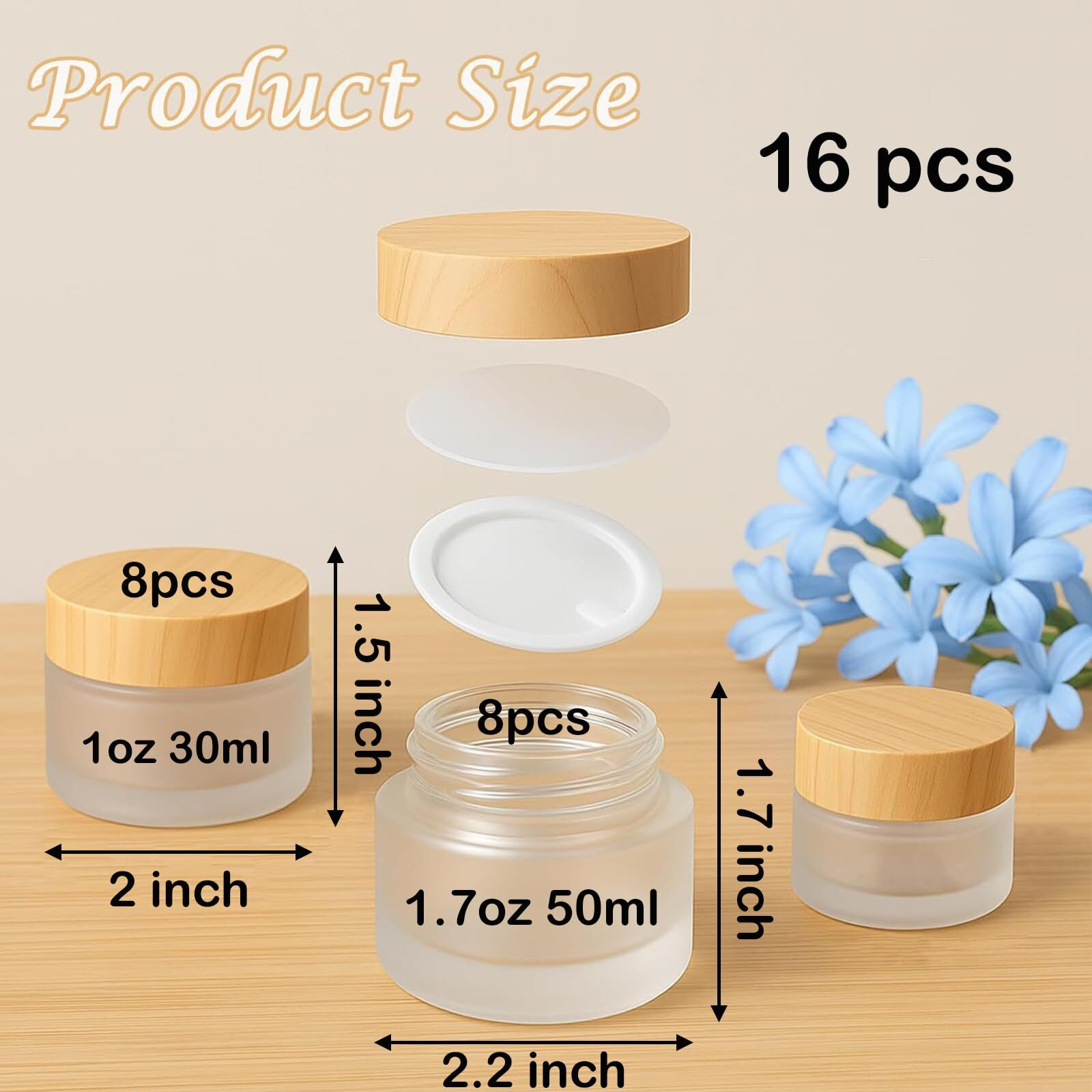 16Pcs 1Oz & 1.7Oz Glass Cosmetic Containers With Wood Grain Lids - Refillable Frosted Glass Jars, Leakproof Cream Containers For Travel, Body Scrub, Lotion, Lip Scrub, Diy Skincare(50Ml/30Ml)