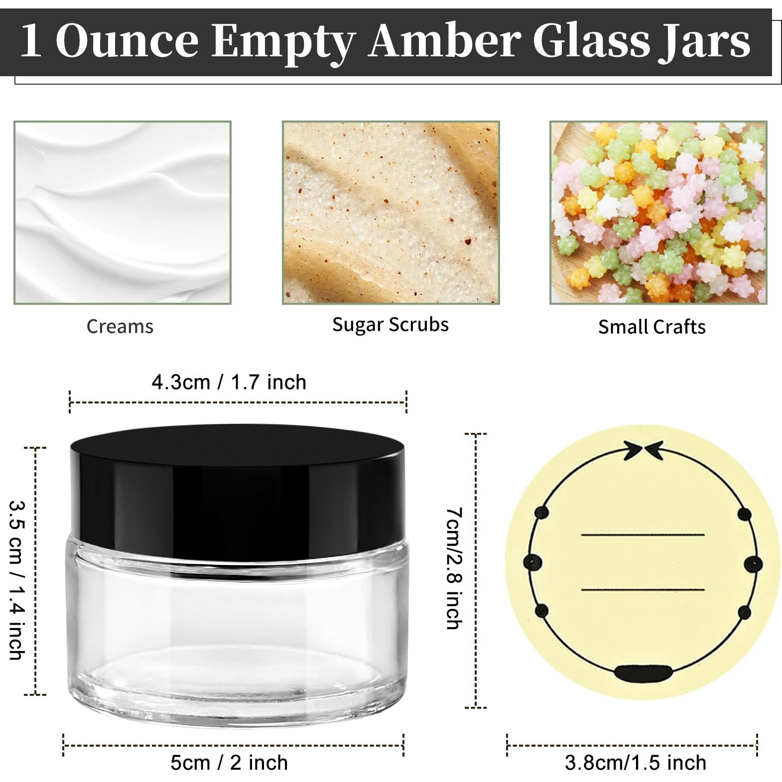 Tuzazo 1Oz Glass Jars With Black Lids, 4 Pack Small Glass Jars With Inner Liners & Stickers Refillable Empty Cosmetic Containers For Creams, Lotions, Body Butters, Powders
