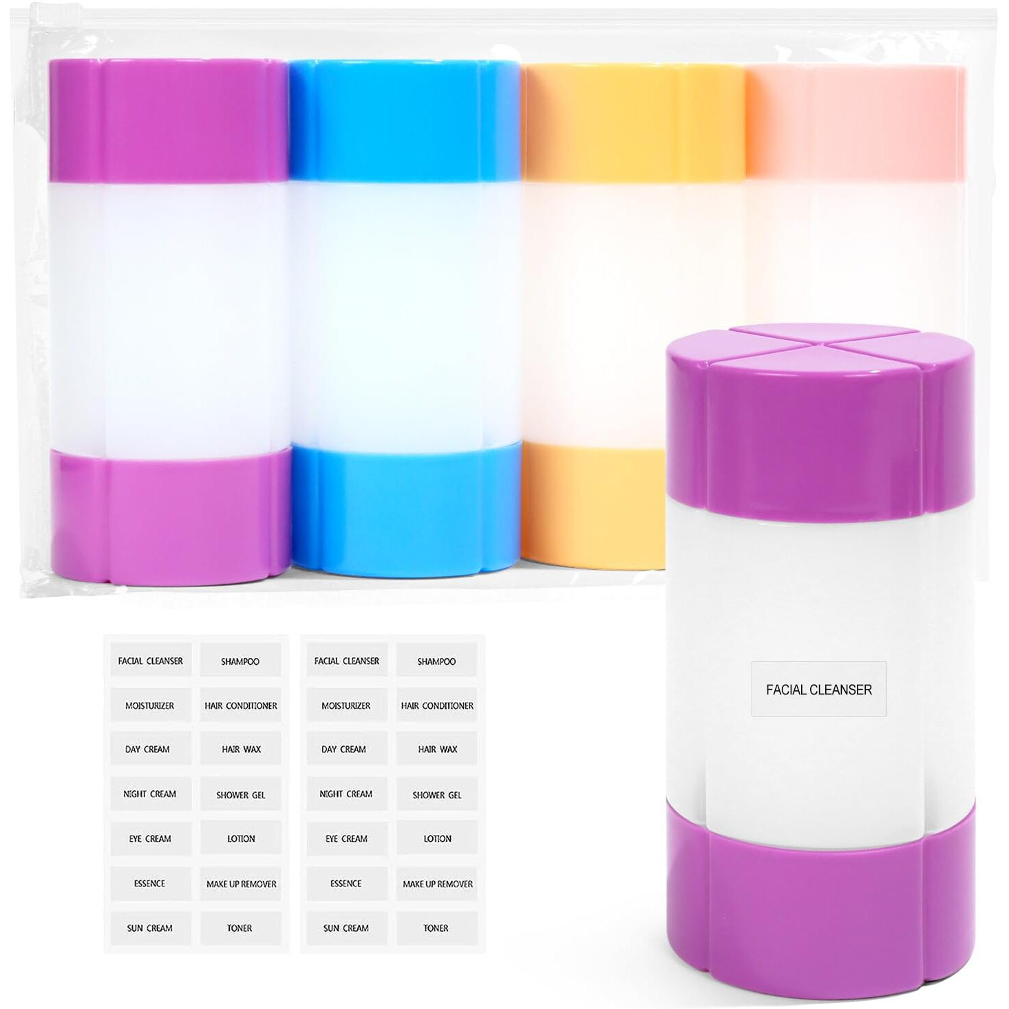 Travel Bottle, Tsa Approved 4-In-1 Leak-Proof Bottle, 4 * 60Ml/2Oz, With 2 Pre-Printed Labels For Travel Gym Camping, Carry-On Travel Size Toiletries Shampoo Lotion Bottle(Pink+Blue+Purple+Orange)
