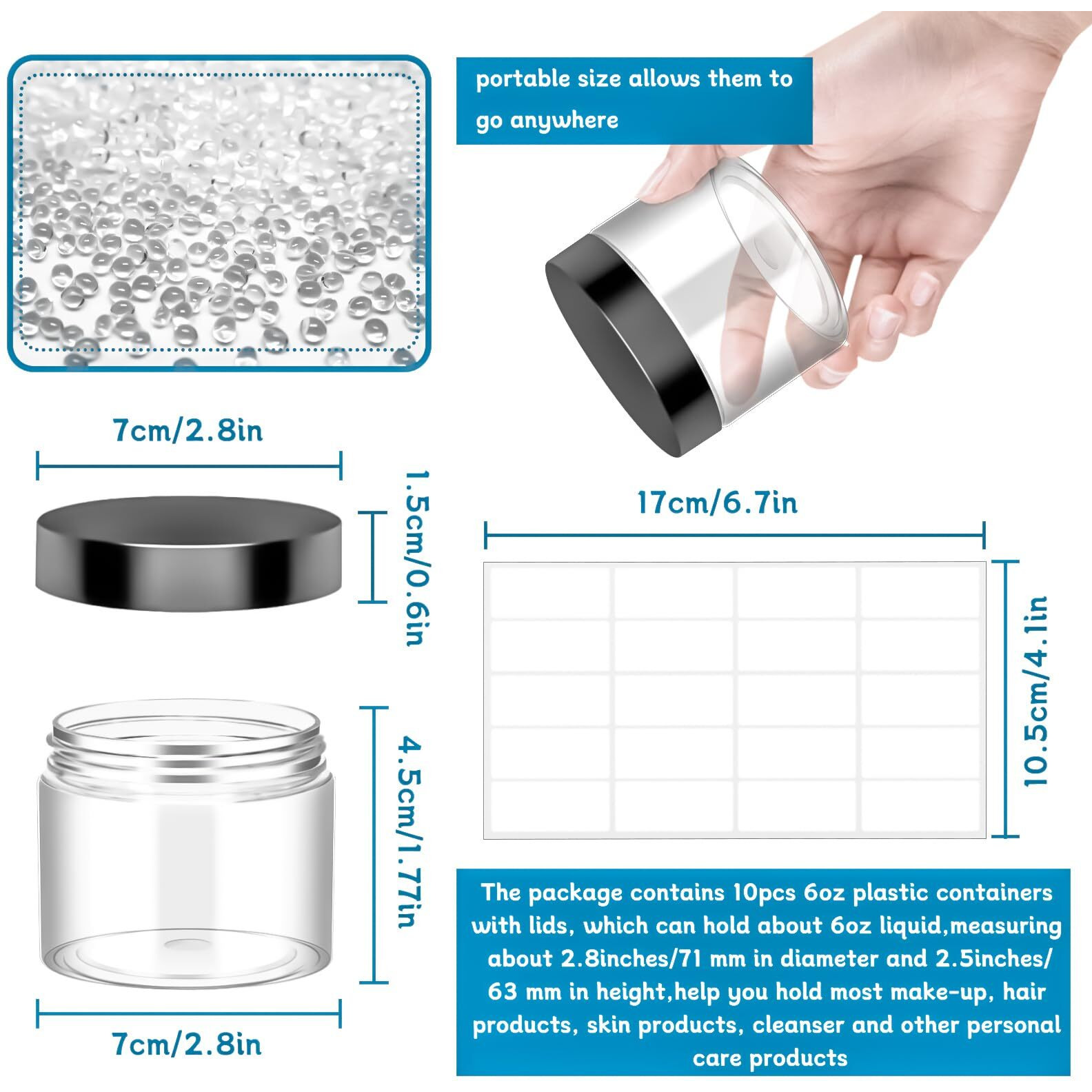 Motbach 10 Pack 6Oz Plastic Jars With Lids, 180Ml Round Clear Cosmetic Containers Makeup Jars, Travel Size Container Jar For Sample Cream Lotion Eyeshadow Powder Slime Ointment Salve Balm Storage