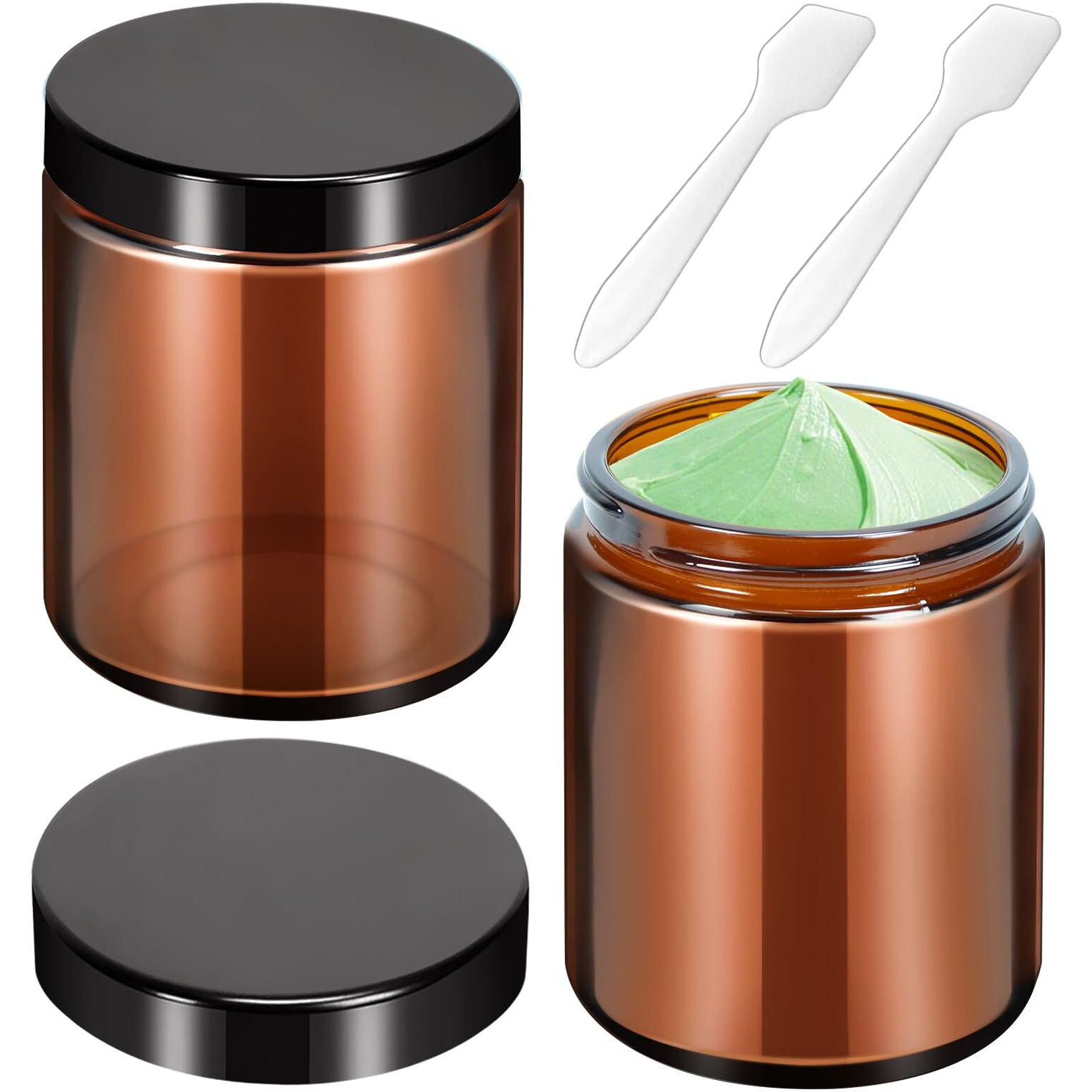 Motbach 2 Pack 8Oz Amber Glass Jars With Lids, Round Glass Jars With Spatulas, Inner Liners And Black Lids, Empty Cosmetic Containers Travel Toiletries Container For Lotion, Cream, Makeup, Slime