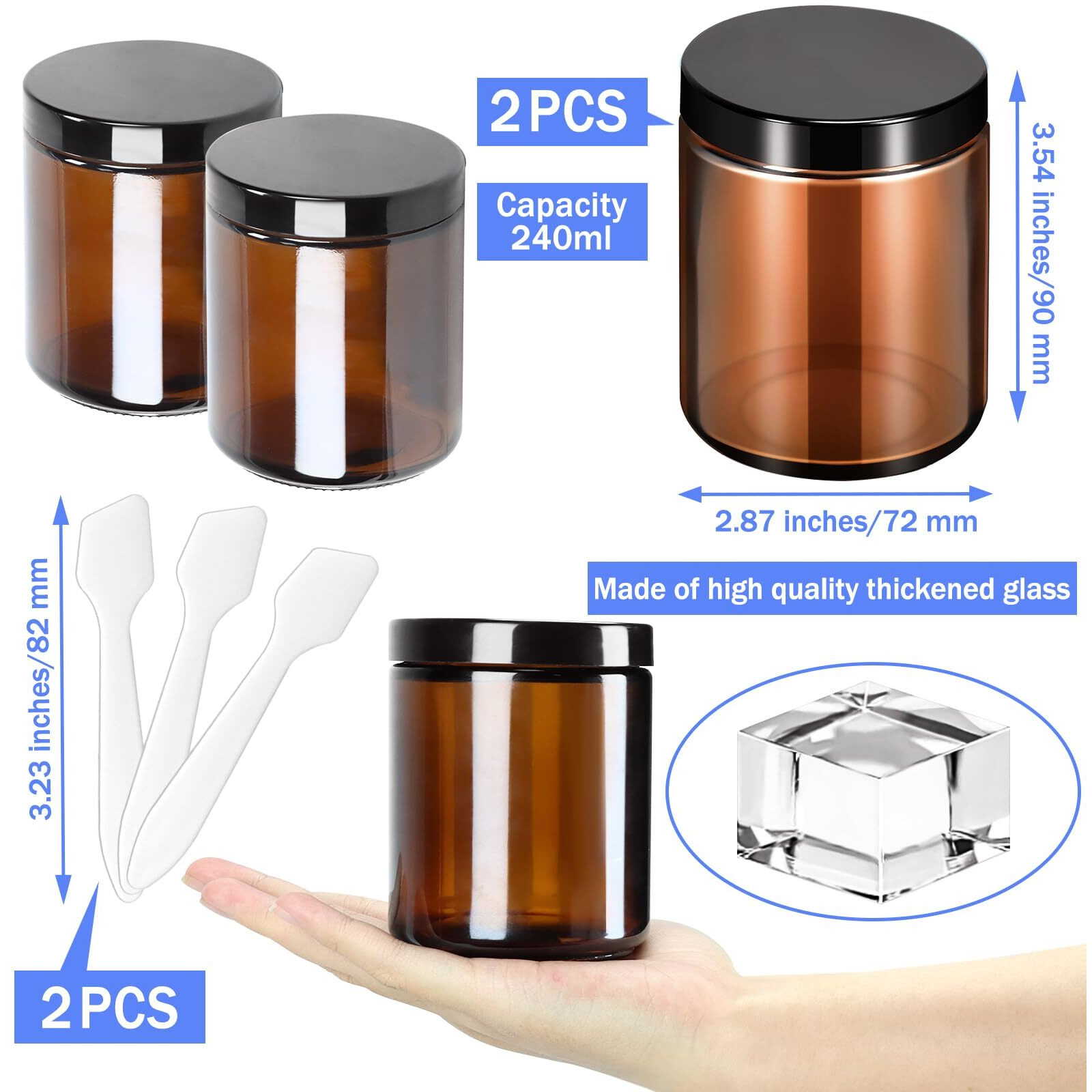 Motbach 2 Pack 8Oz Amber Glass Jars With Lids, Round Glass Jars With Spatulas, Inner Liners And Black Lids, Empty Cosmetic Containers Travel Toiletries Container For Lotion, Cream, Makeup, Slime