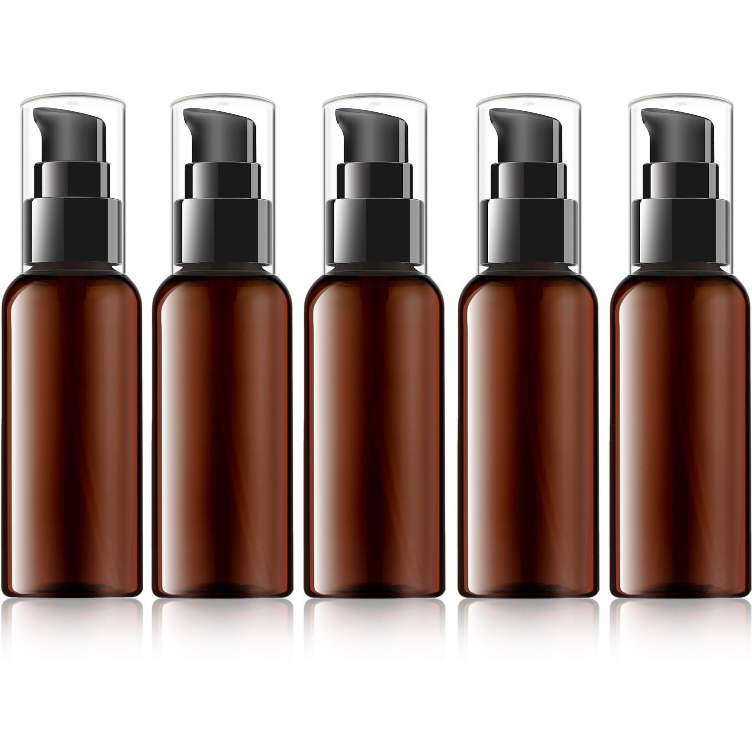 Raynag 5 Pack Travel Pump Bottles Empty Refillable Plastic Pump Bottle Spray Bottle Dispenser With Black Cap For Lotion Cream Essential Oil Travel Container, 50Ml/1.7Oz (Brown)