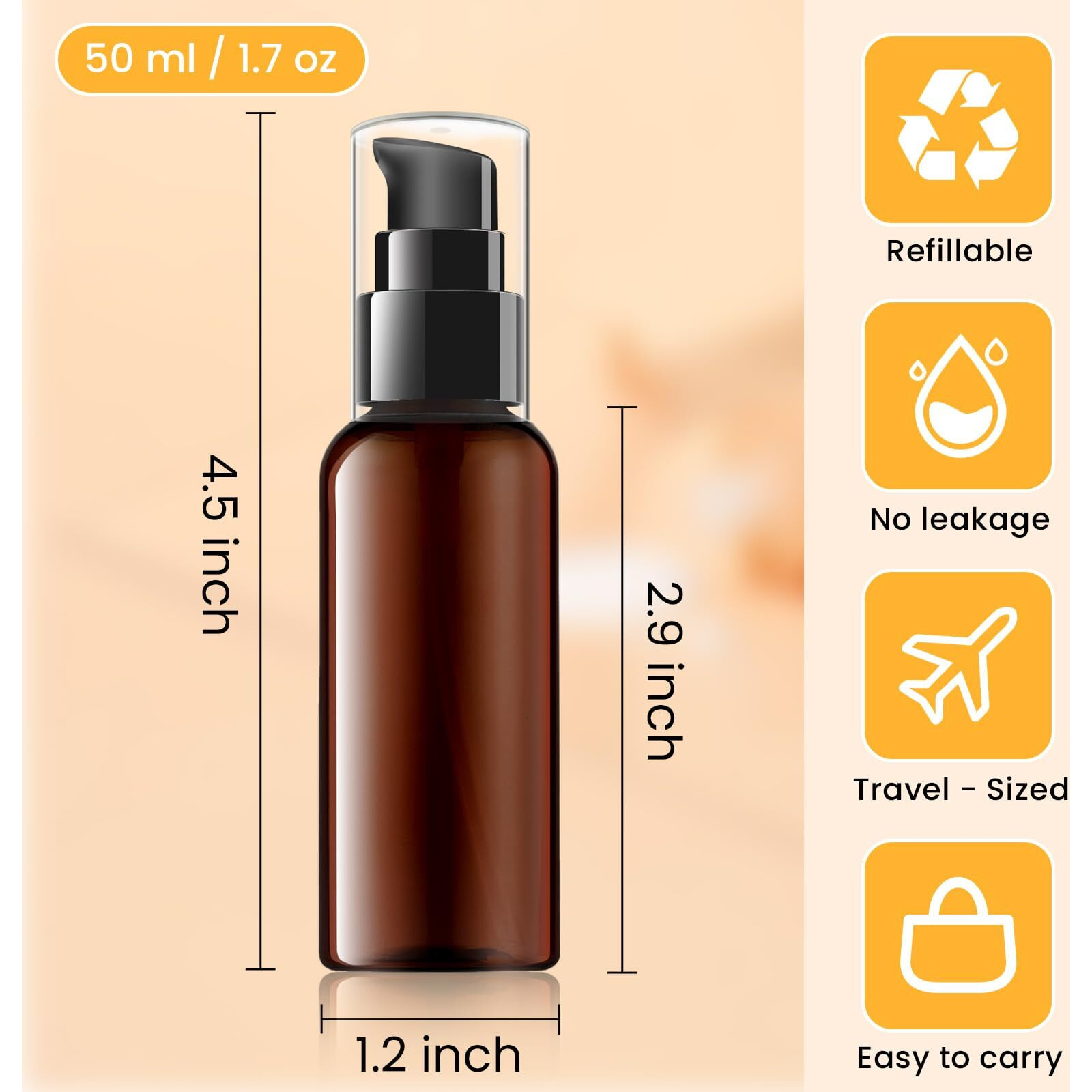 Raynag 5 Pack Travel Pump Bottles Empty Refillable Plastic Pump Bottle Spray Bottle Dispenser With Black Cap For Lotion Cream Essential Oil Travel Container, 50Ml/1.7Oz (Brown)