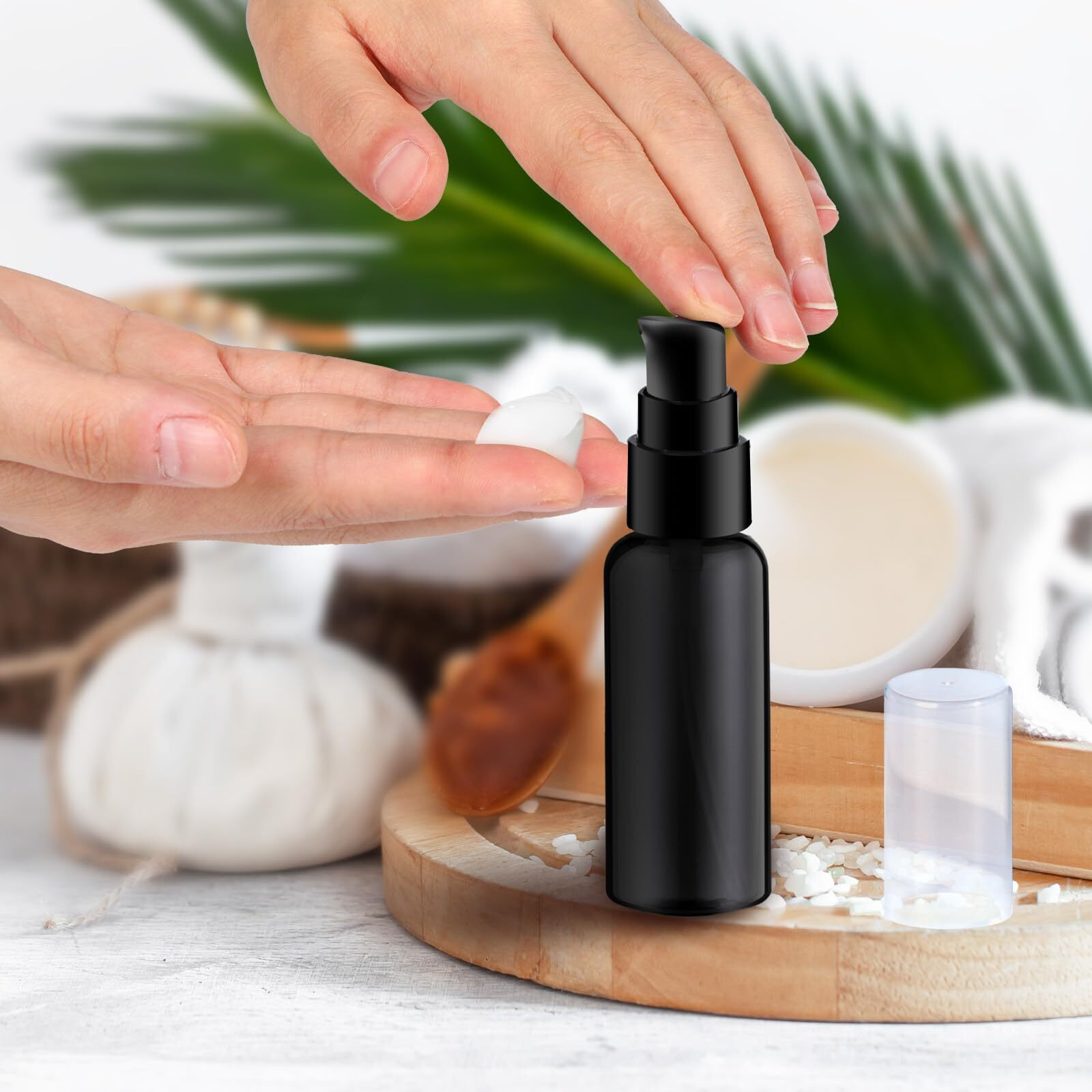 Raynag 5 Pack Travel Pump Bottles Empty Refillable Plastic Pump Bottle Spray Bottle Dispenser With Black Cap For Lotion Cream Essential Oil Travel Container, 50Ml/1.7Oz (Black)