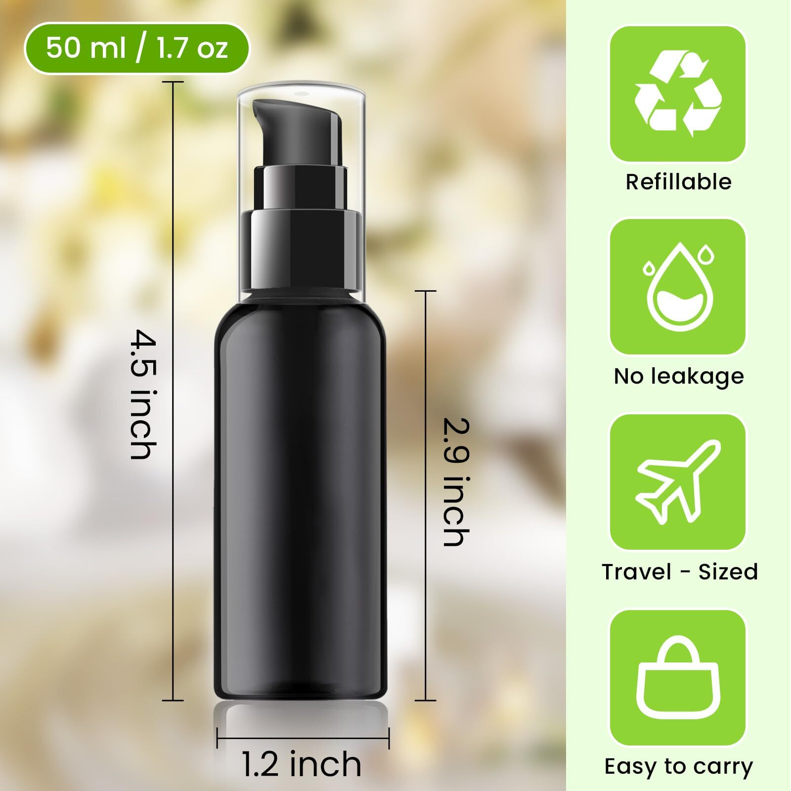 Raynag 5 Pack Travel Pump Bottles Empty Refillable Plastic Pump Bottle Spray Bottle Dispenser With Black Cap For Lotion Cream Essential Oil Travel Container, 50Ml/1.7Oz (Black)