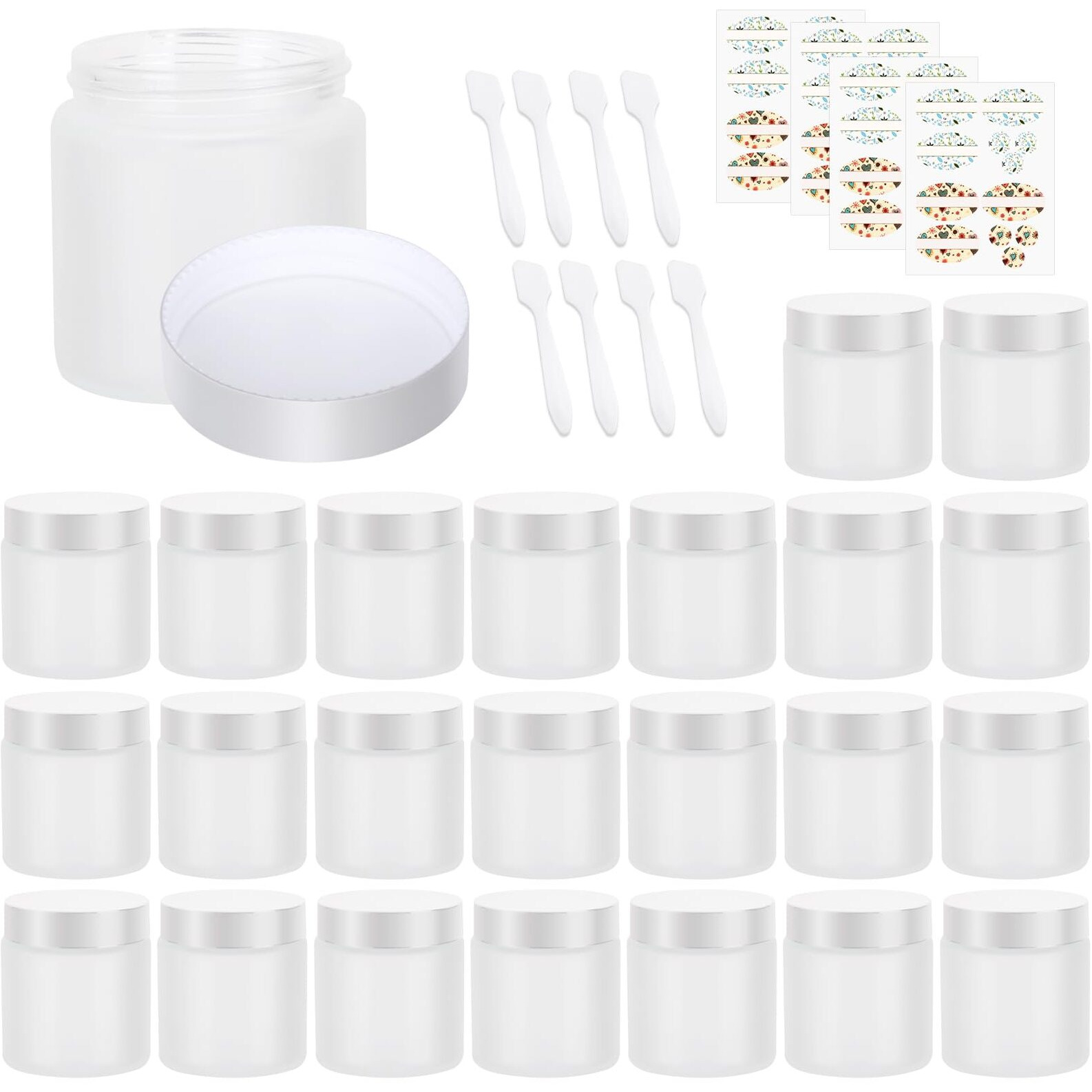 Ekkovla 24 Pack 4 Oz Frosted Glass Jars With Lids, Round Empty Cosmetic Containers With Inner Liners For Lotion, Cream, Ointments, Powder, Candle
