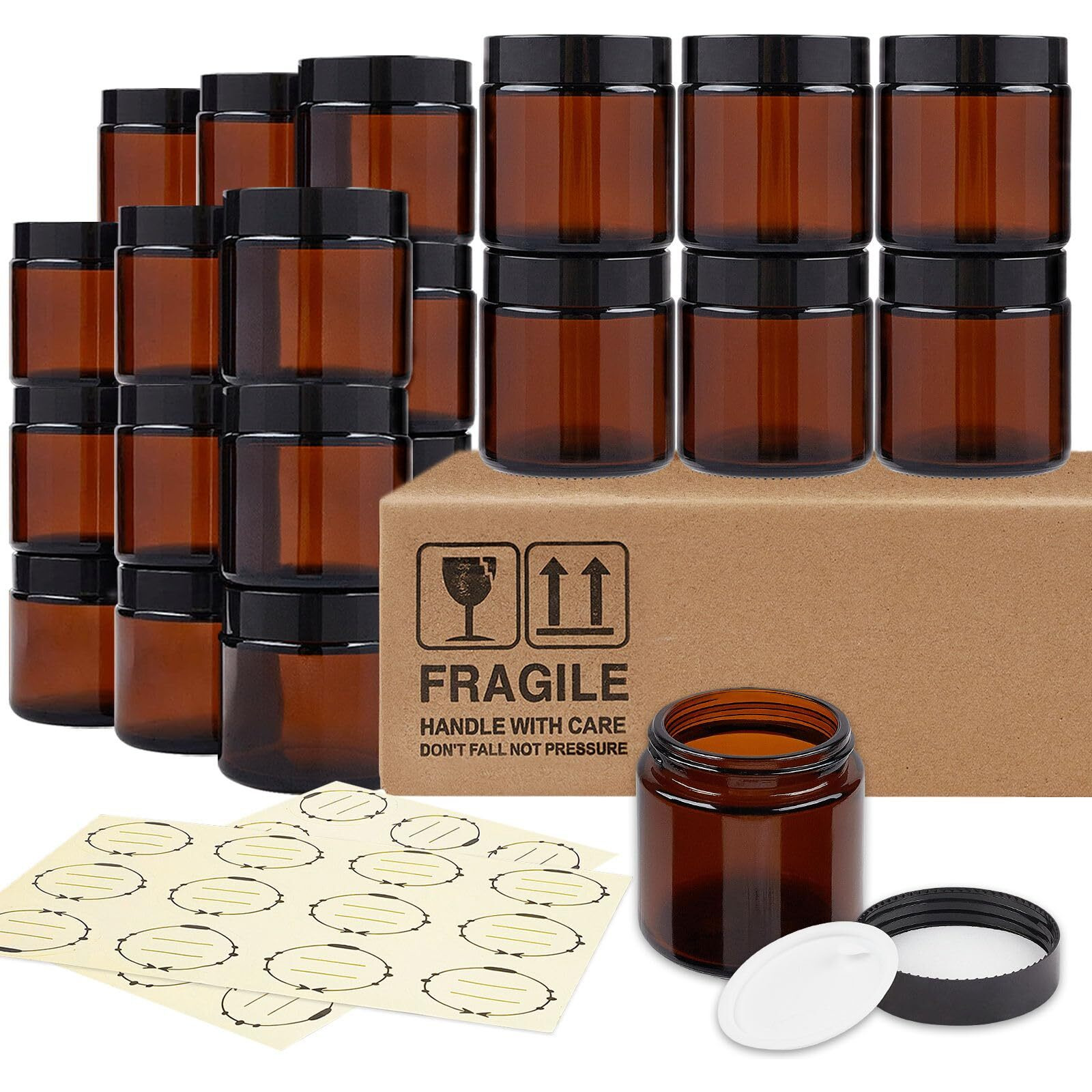 Tuzazo 4 Oz Thick Amber Round Glass Jars With Inner Lids And Black Lids, 24 Pack Small Empty Candle Making Jars/Cosmetic Containers For Lotions, Creams, Body Butters, Essential Oil Beauty Products