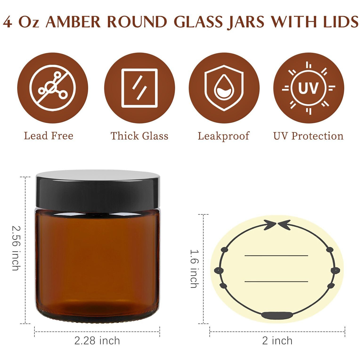Tuzazo 4 Oz Thick Amber Round Glass Jars With Inner Lids And Black Lids, 24 Pack Small Empty Candle Making Jars/Cosmetic Containers For Lotions, Creams, Body Butters, Essential Oil Beauty Products