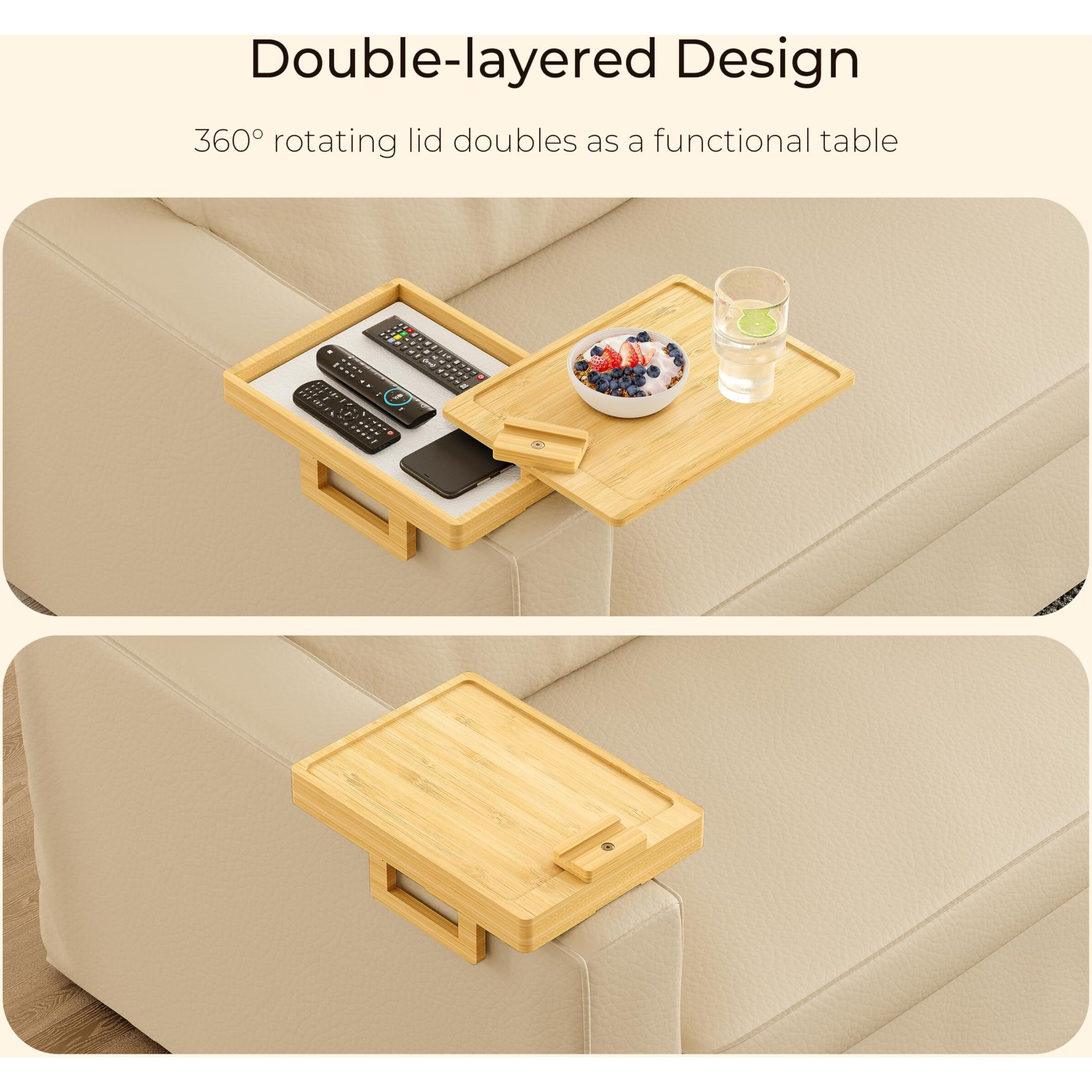 Wealone Bamboo Couch Arm Tray For Wide Couch, Sofa Arm Clip Table With Storage Box, Couch Armrest Tray With 360Rotating Phone Holder, Sofa Arm Table Clip For Eating, Drinks Or Dining