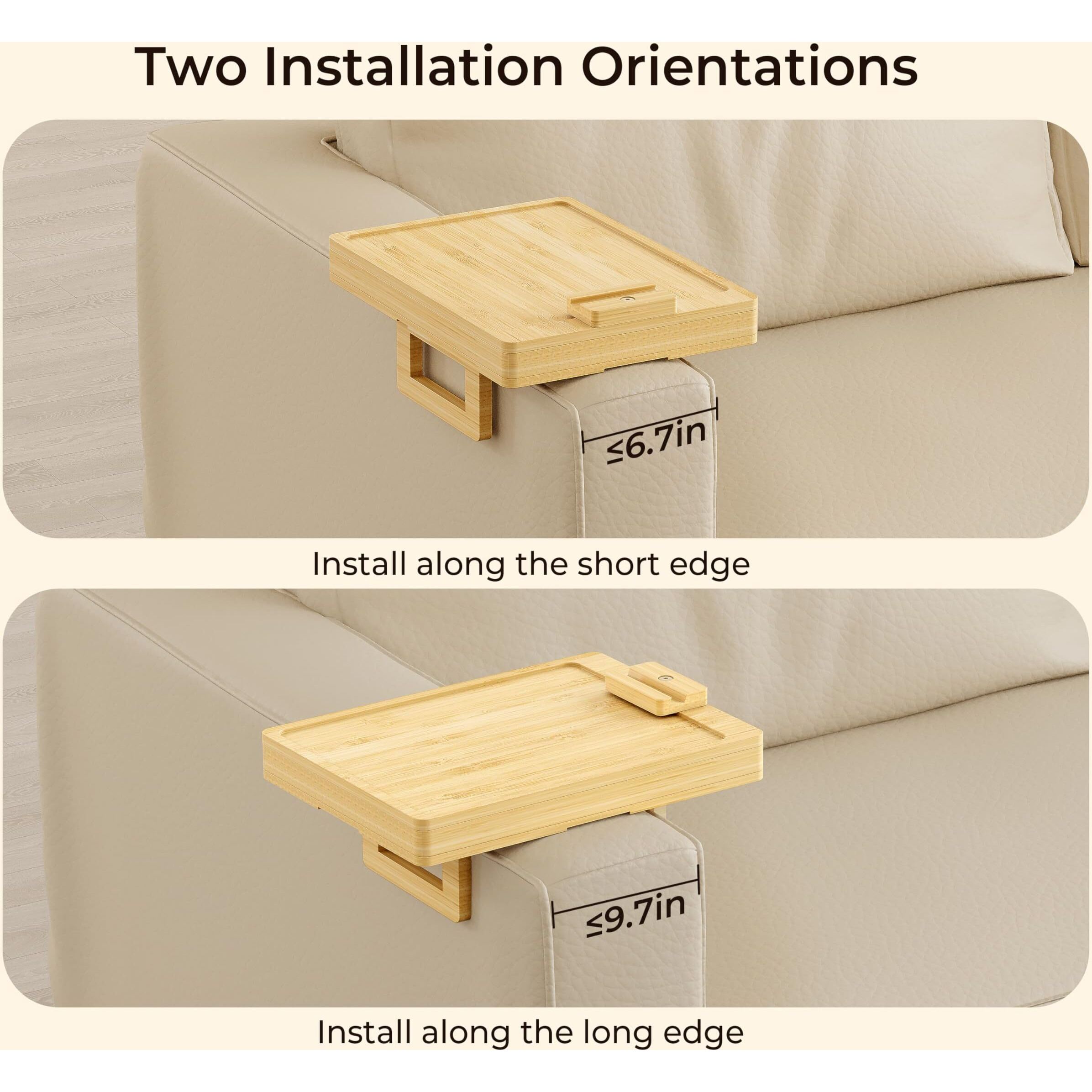 Wealone Bamboo Couch Arm Tray For Wide Couch, Sofa Arm Clip Table With Storage Box, Couch Armrest Tray With 360Rotating Phone Holder, Sofa Arm Table Clip For Eating, Drinks Or Dining