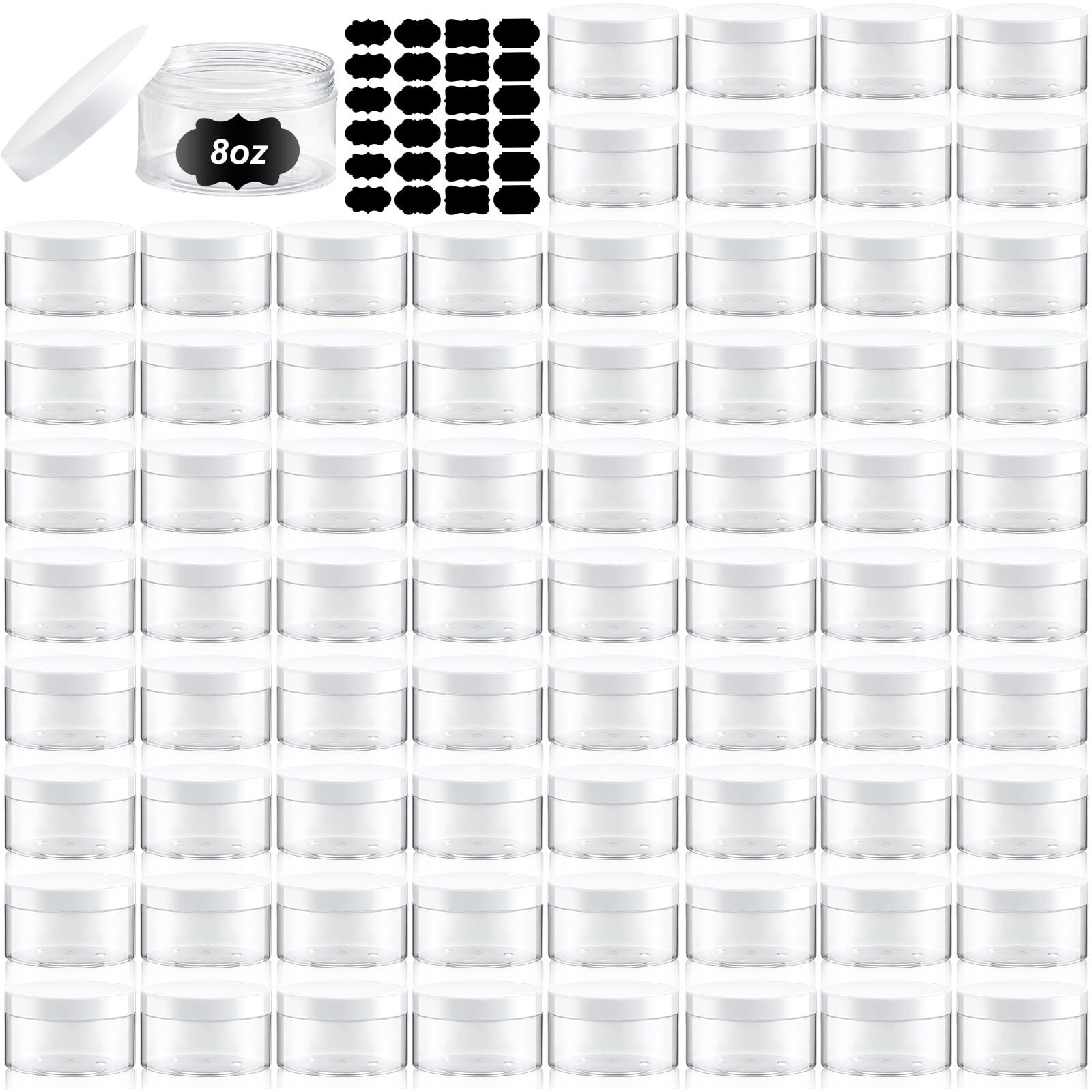 Dandat 72 Pcs 8 Oz Pet Loose Powder Containers Plastic Jars With Lid And Label, Leak Proof Empty Cosmetic Jars For Lotion, Cream, Gel, Powder - Refillable Travel Storage Containers(White)