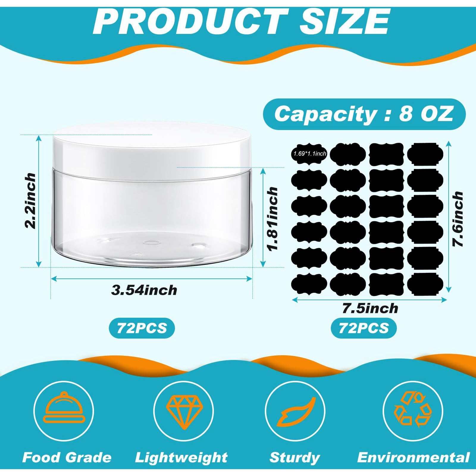 Dandat 72 Pcs 8 Oz Pet Loose Powder Containers Plastic Jars With Lid And Label, Leak Proof Empty Cosmetic Jars For Lotion, Cream, Gel, Powder - Refillable Travel Storage Containers(White)