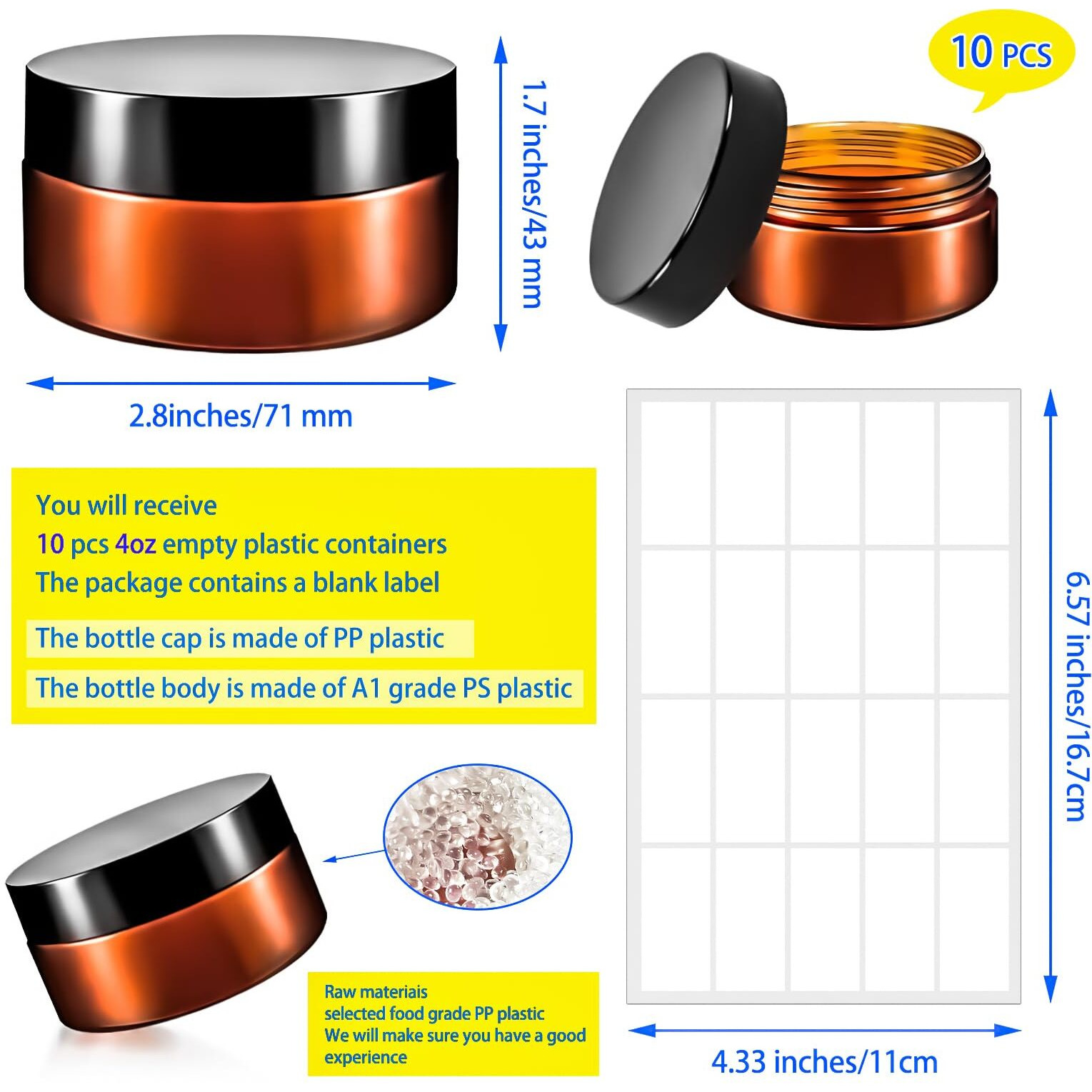 Motbach 10 Pack 4Oz Plastic Jars With Lids, 120Ml Round Amber Cosmetic Containers Makeup Jars,Travel Size Container Jar For Lotion Cream Eyeshadow Sample Powder Slime Ointment Salve Balm Storage