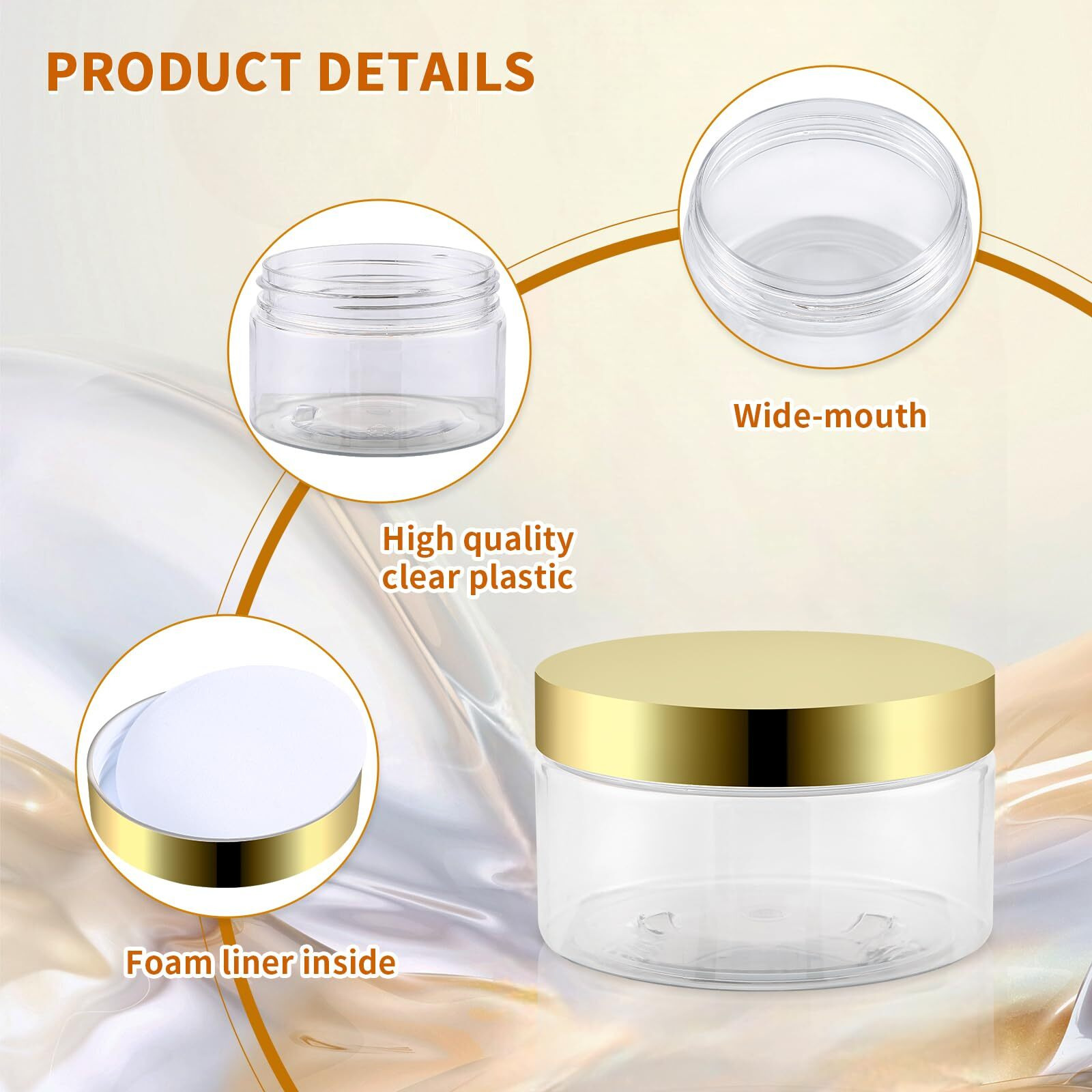 Entjor 24 Pack 8 Oz Plastic Containers With Gold Lids, Clear Empty Bpa Free And Refillable Cosmetic Jars Travel Containers For Creams, Lotion, Bath Salts, Sugar Scrub, Slime, Lip Scrub, Makeup