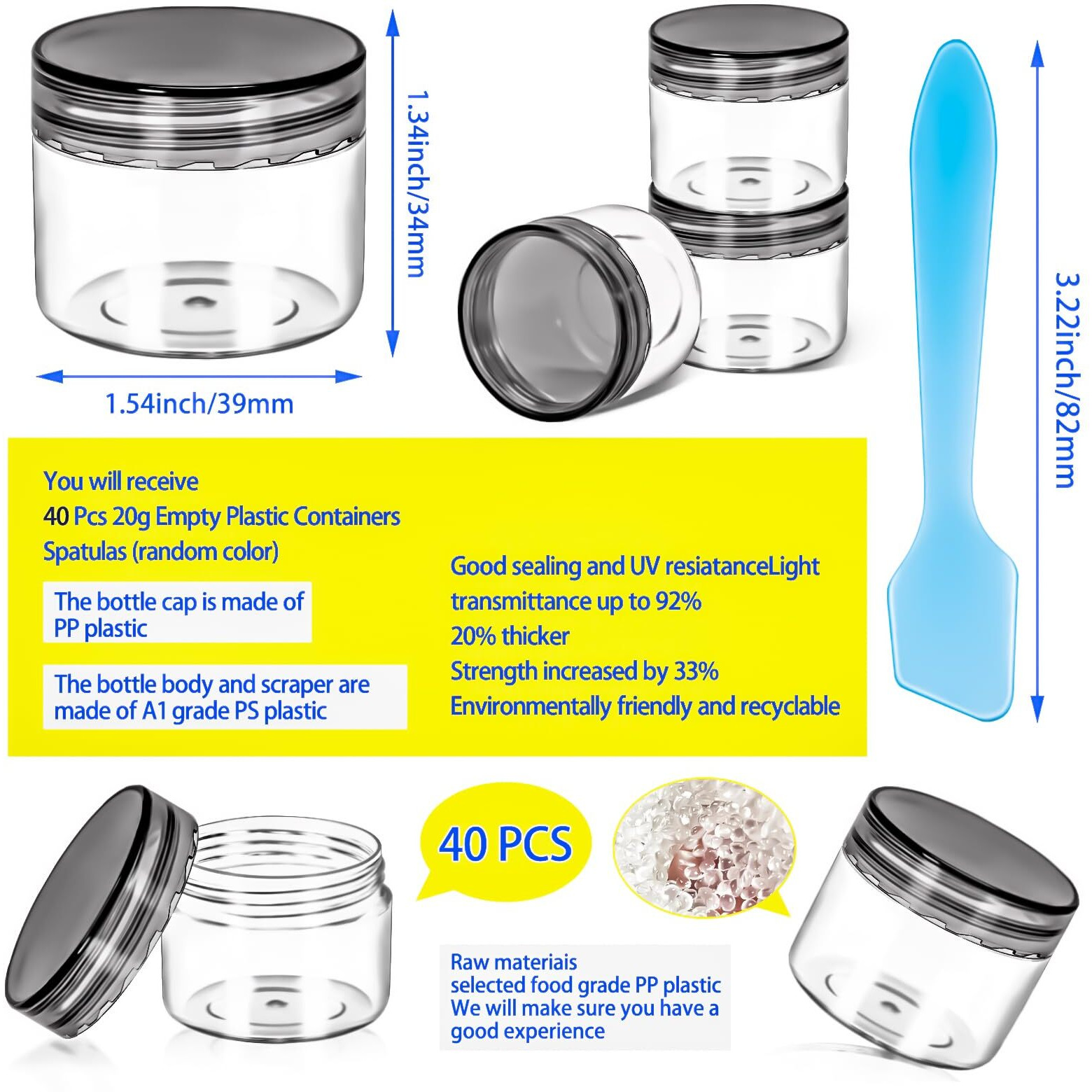 Motbach 40 Pack 20G Plastic Jars With Lids, 20Ml Round Clear Cosmetic Containers Makeup Jars, 0.7Oz Travel Size Container Jar With Spatulas For Makeup Sample Lotion Cream Ointment Salve Balm Powder