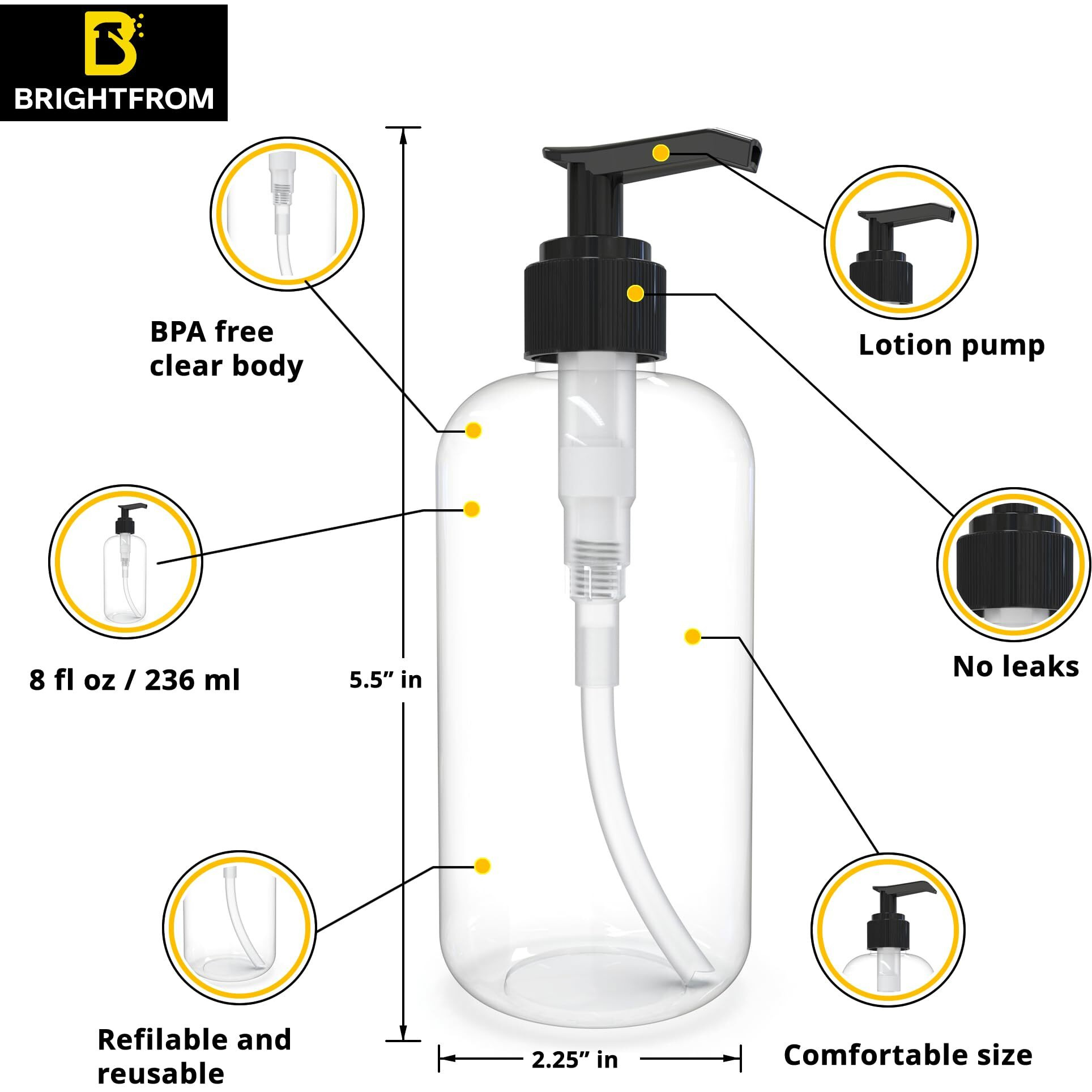 Brightfrom Empty Lotion Pump Bottles 8 Oz, Refillable Plastic Containers, Bpa-Free Pete1, Clear, Great For - Soap, Shampoo, Lotions, Liquid Body Soap, Creams And Massage Oil's (Pack Of 2, White/Black)