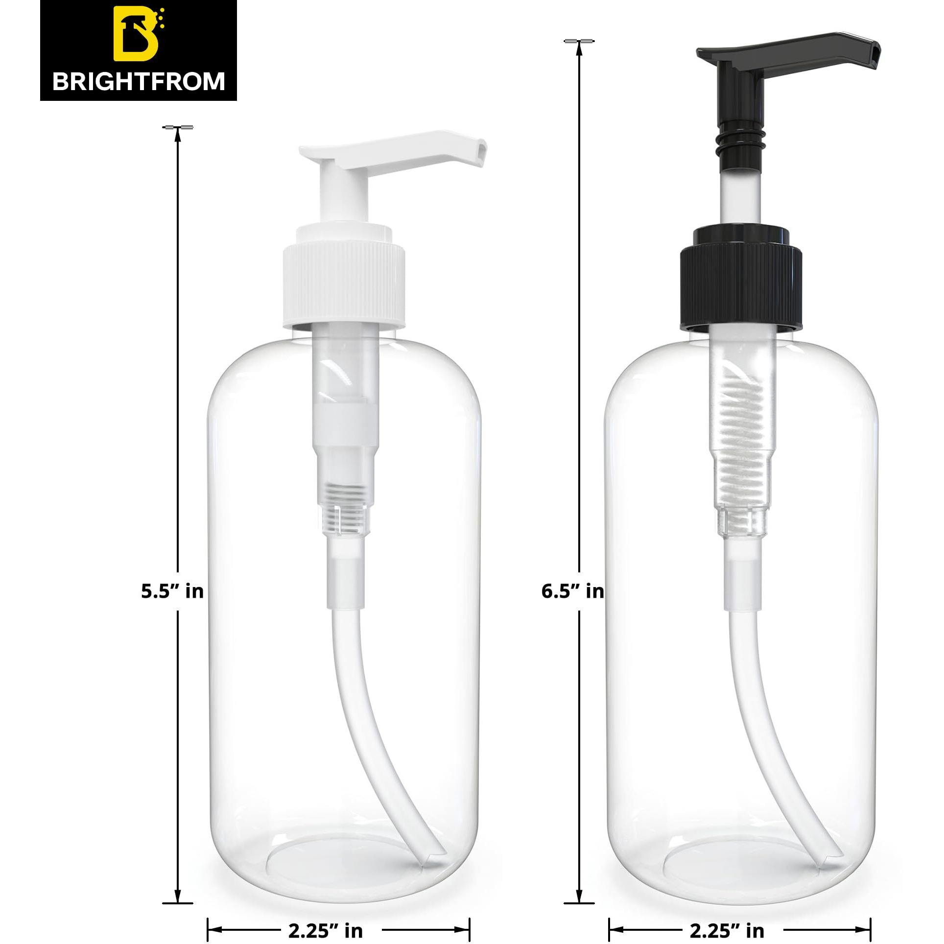 Brightfrom Empty Lotion Pump Bottles 8 Oz, Refillable Plastic Containers, Bpa-Free Pete1, Clear, Great For - Soap, Shampoo, Lotions, Liquid Body Soap, Creams And Massage Oil's (Pack Of 2, White/Black)