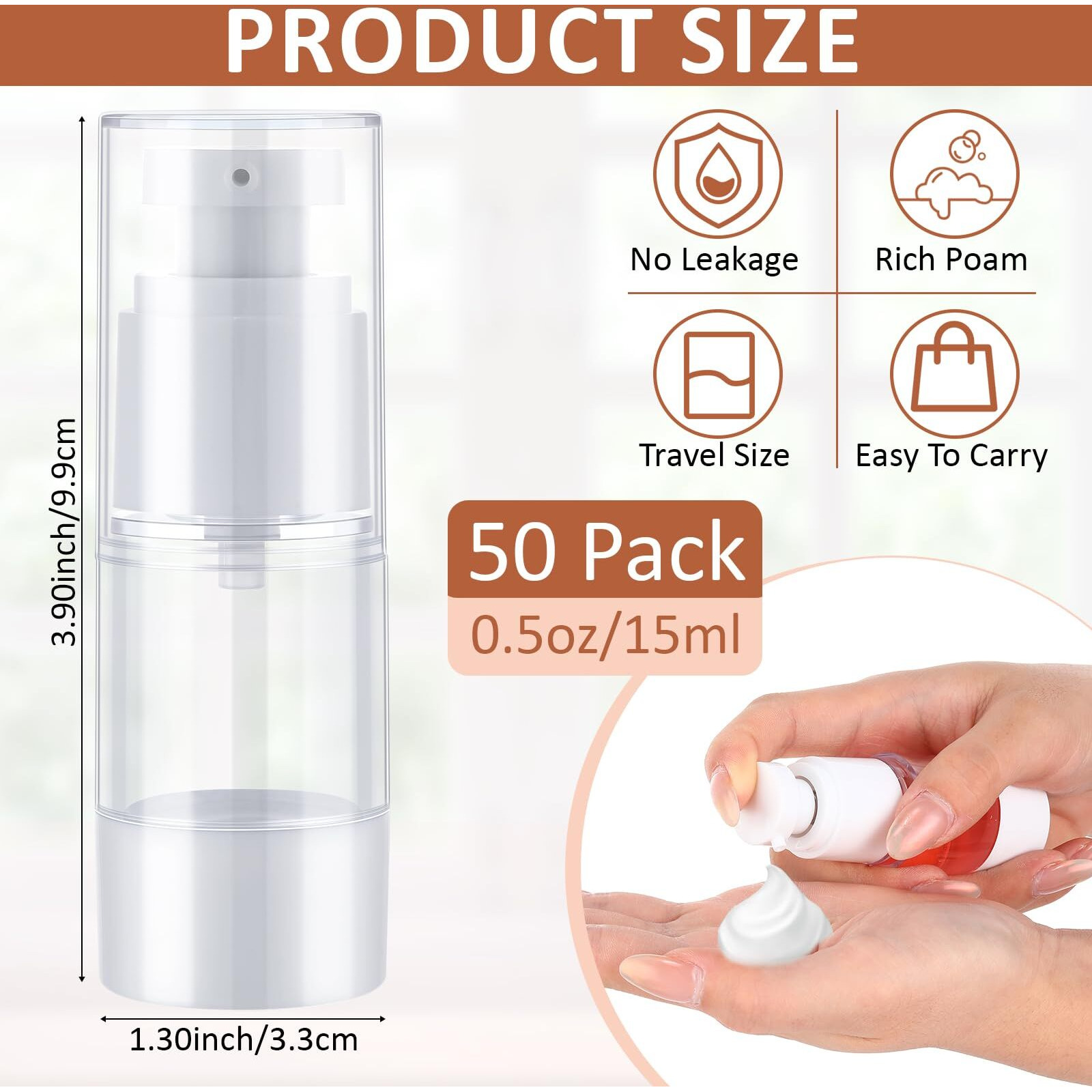 Yaomiao 50 Pcs 0.5 Oz 15 Ml Airless Pump Bottle Plastic Cosmetic Lotion Dispenser Travel Size Foundation Bottle Refillable Container Vacuum Airless Bottles Empty Clear Pump Jar Small Skin Care Bottle