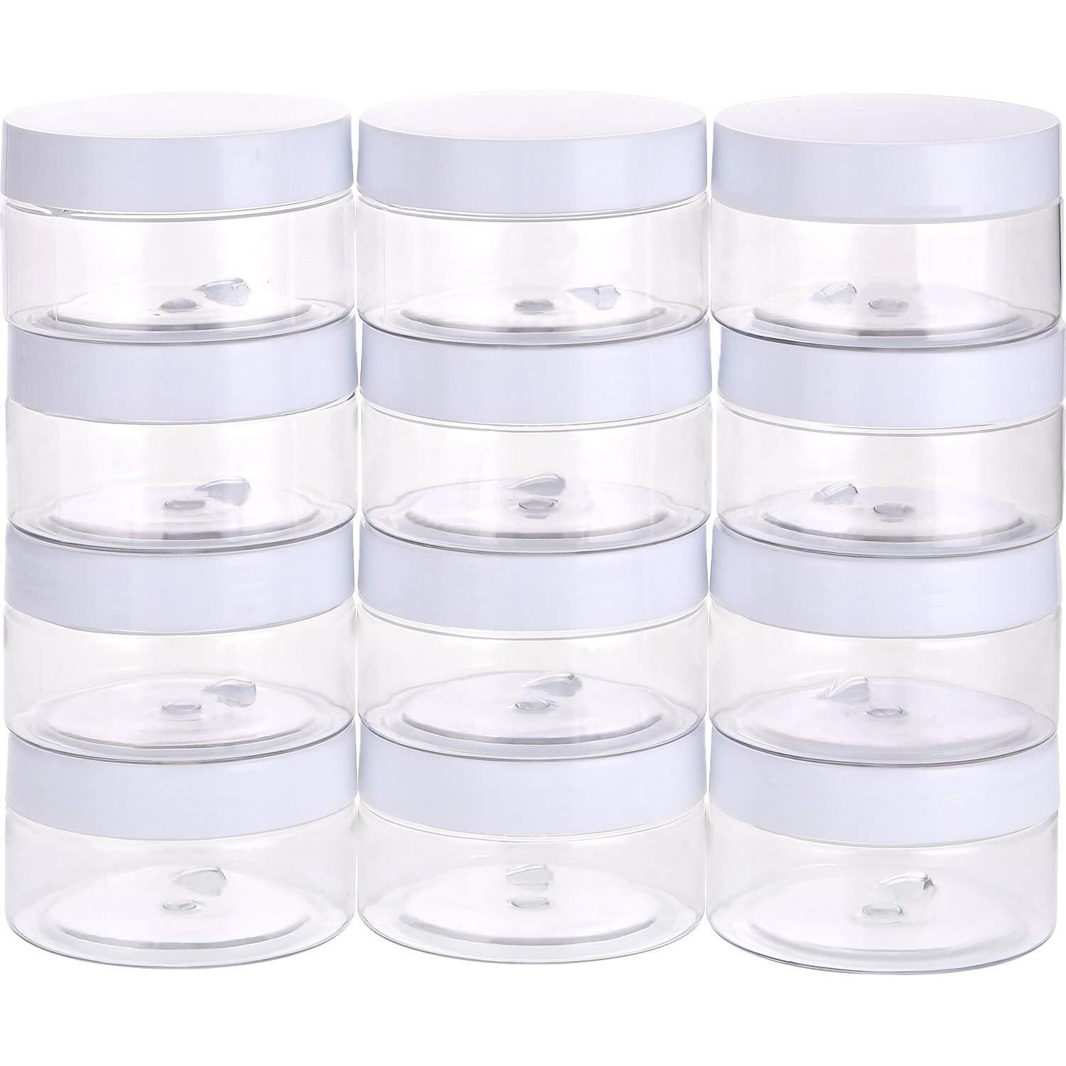 Satinior 12 Pack 4 Oz Plastic Container Jars With Lids Round Clear Travel Cosmetic Container Slime Jars For Toiletries, Lotion, Cream, Ointments, Makeup, Rhinestone, Samples, Kitchen Storage(White)