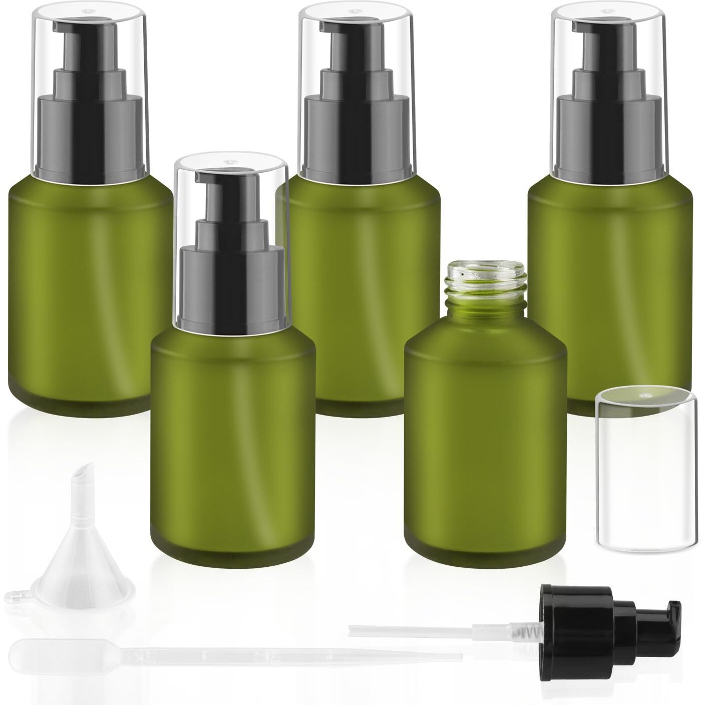 Bosmiow 5 Pieces 60Ml/2Oz Empty Green Glass Lotion Pump Bottles,Refillable Essential Oil Jars With 1 Funnel And 1 Pipette,Cosmetic Sample Containers For Foundation,Cream,Gel,Shampoo
