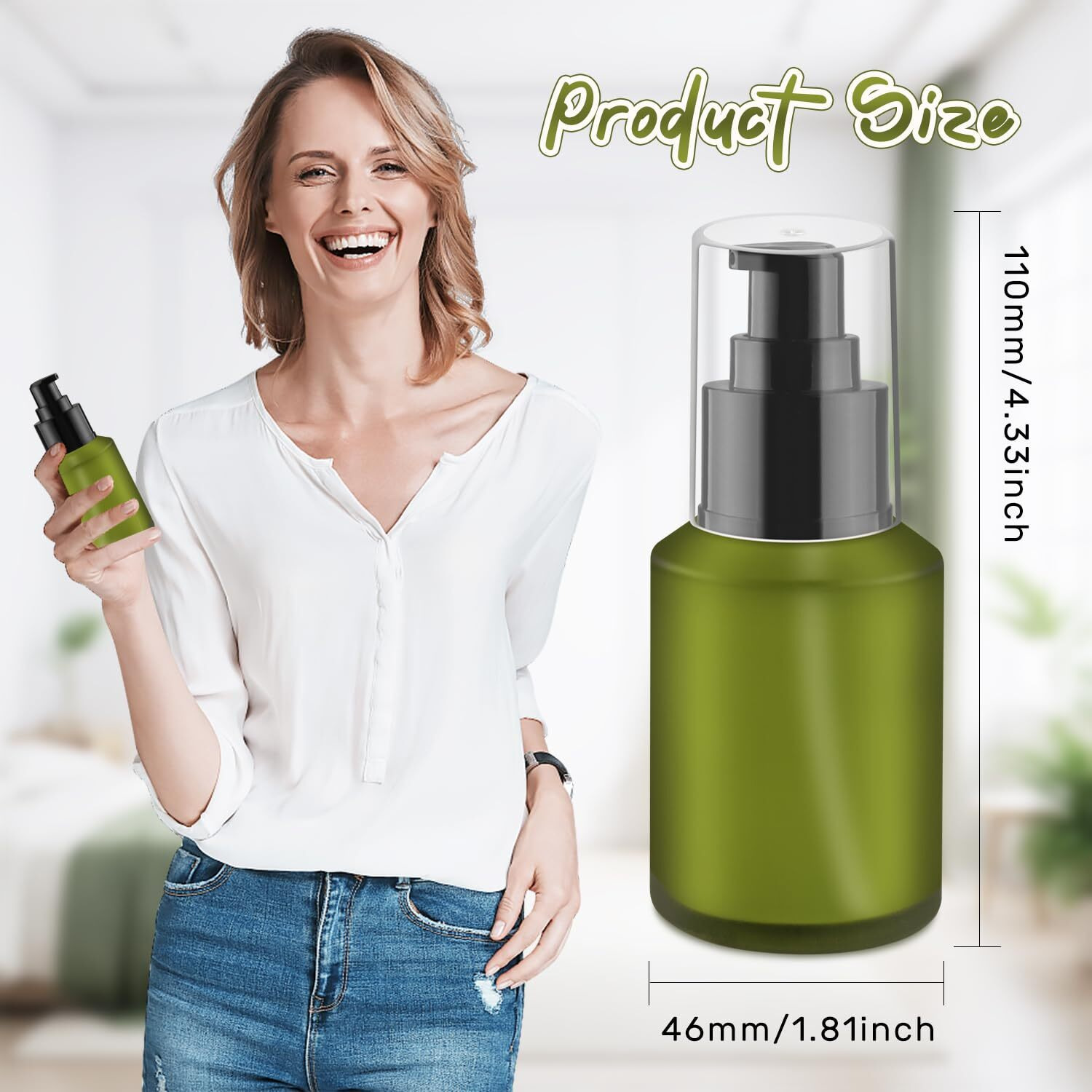 Bosmiow 5 Pieces 60Ml/2Oz Empty Green Glass Lotion Pump Bottles,Refillable Essential Oil Jars With 1 Funnel And 1 Pipette,Cosmetic Sample Containers For Foundation,Cream,Gel,Shampoo