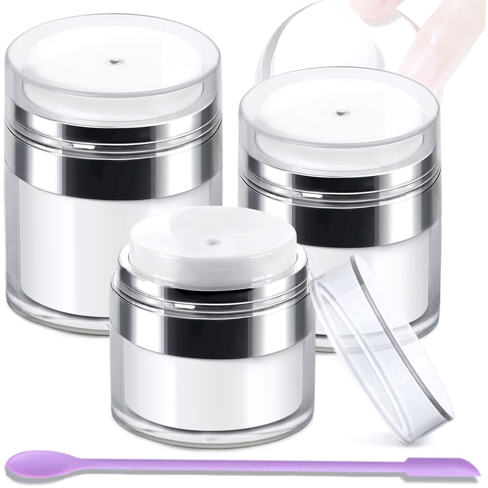 Airless Pump Jars, Refillable Cosmetic Moisturizer Airless Pump Jar 3 Pack Bottles Travel Size For Cream, Gels And Lotion With Silicone Spatula 0.5Oz 1Oz 1.7Oz