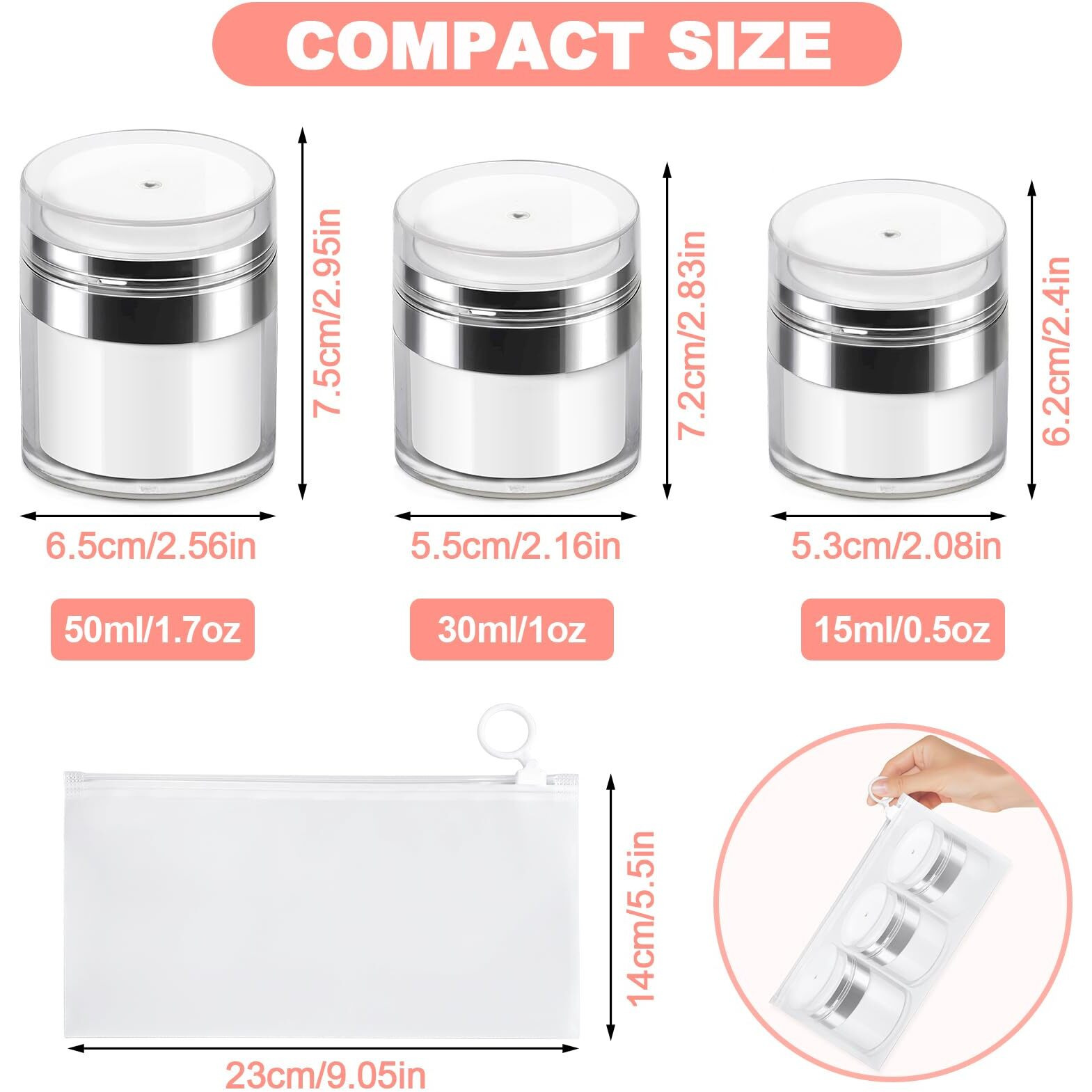 Airless Pump Jars, Refillable Cosmetic Moisturizer Airless Pump Jar 3 Pack Bottles Travel Size For Cream, Gels And Lotion With Silicone Spatula 0.5Oz 1Oz 1.7Oz