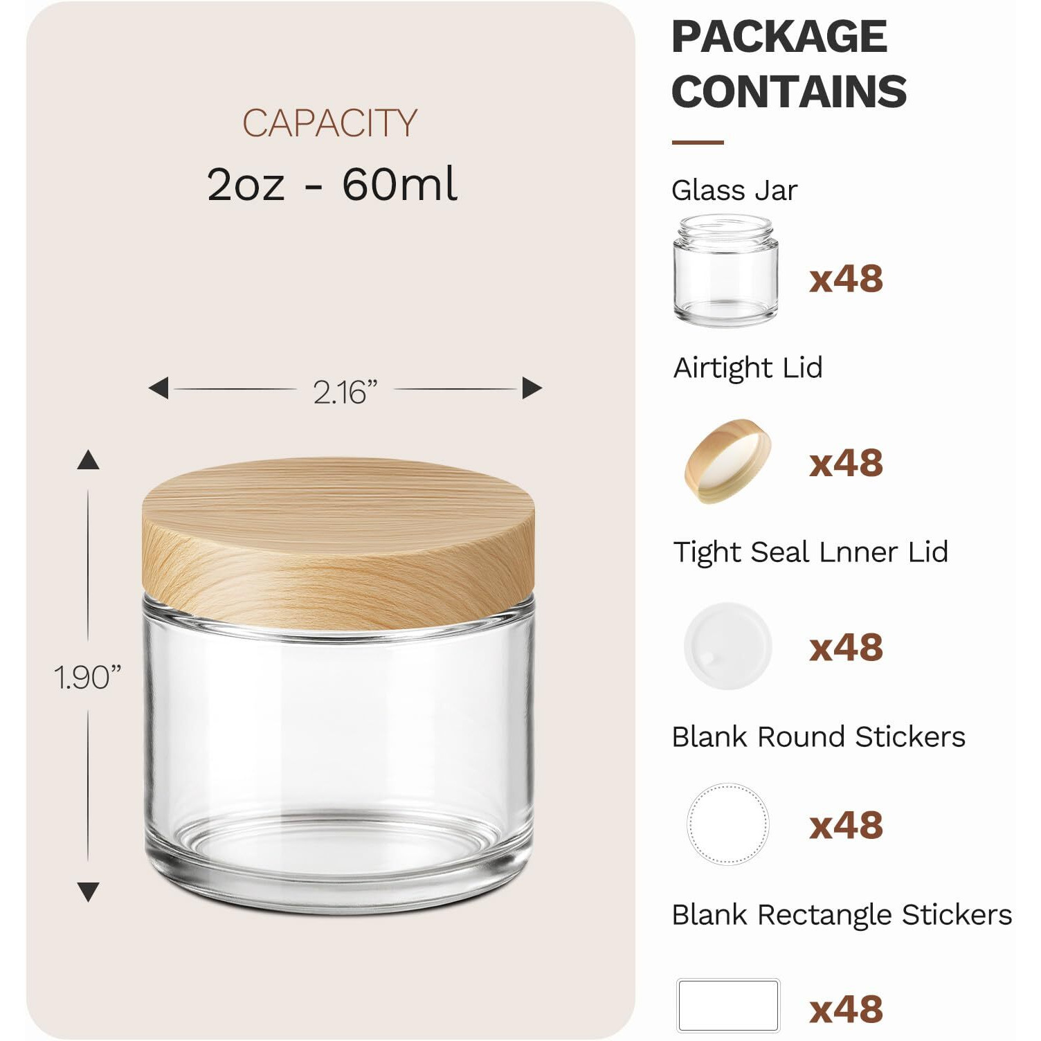 2 Oz Glass Jars With Plastic Woodgrain Lids, Bumobum 48 Pack Round Clear Cream Jars With Black And White Labels & Inner Liners, Empty Cosmetic Containers For Cream, Lotion, Ointment