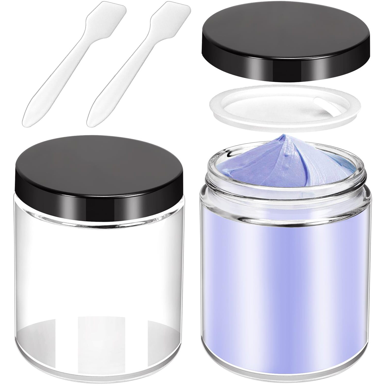 Motbach 2 Pack 8Oz Glass Jars With Lids, Round Glass Jars With Spatulas, Inner Liners And Black Lids, Empty Cosmetic Containers Travel Toiletries Container For Lotion, Cream, Makeup, Cosmetic, Slime