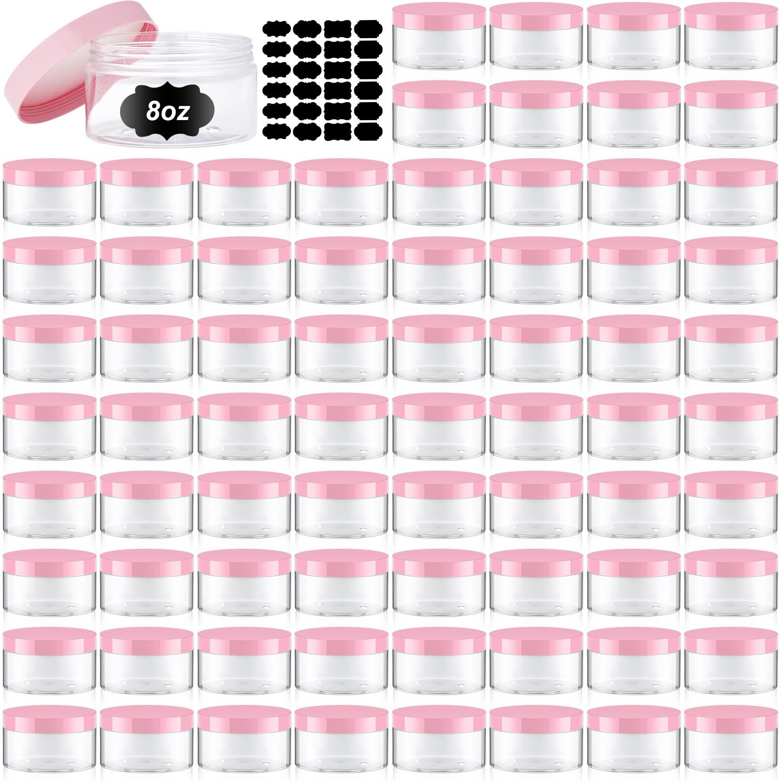 Dandat 72 Pcs 8 Oz Pet Loose Powder Containers Plastic Jars With Lid And Label, Leak Proof Empty Cosmetic Jars For Lotion, Cream, Gel, Powder - Refillable Travel Storage Containers(Pink)