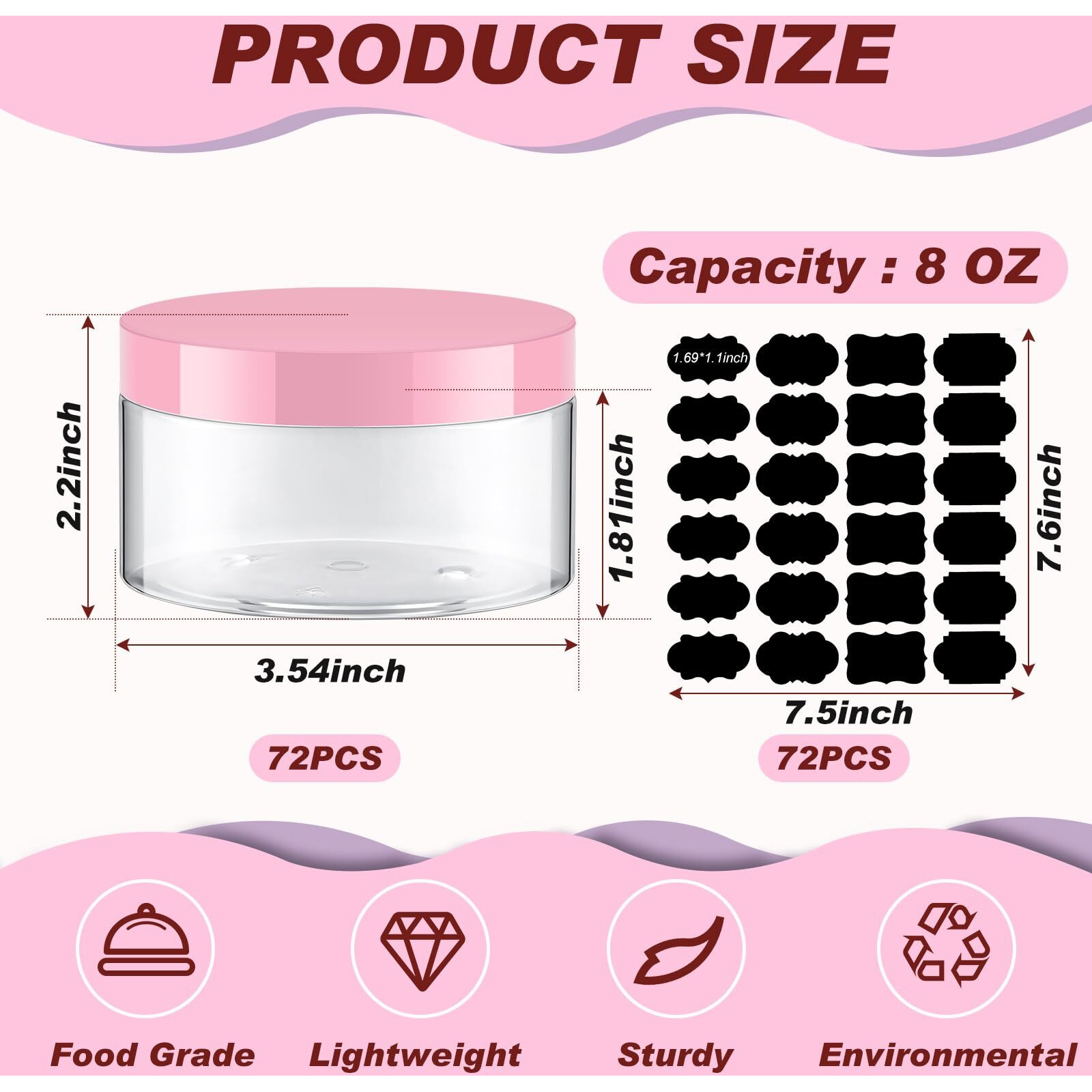 Dandat 72 Pcs 8 Oz Pet Loose Powder Containers Plastic Jars With Lid And Label, Leak Proof Empty Cosmetic Jars For Lotion, Cream, Gel, Powder - Refillable Travel Storage Containers(Pink)