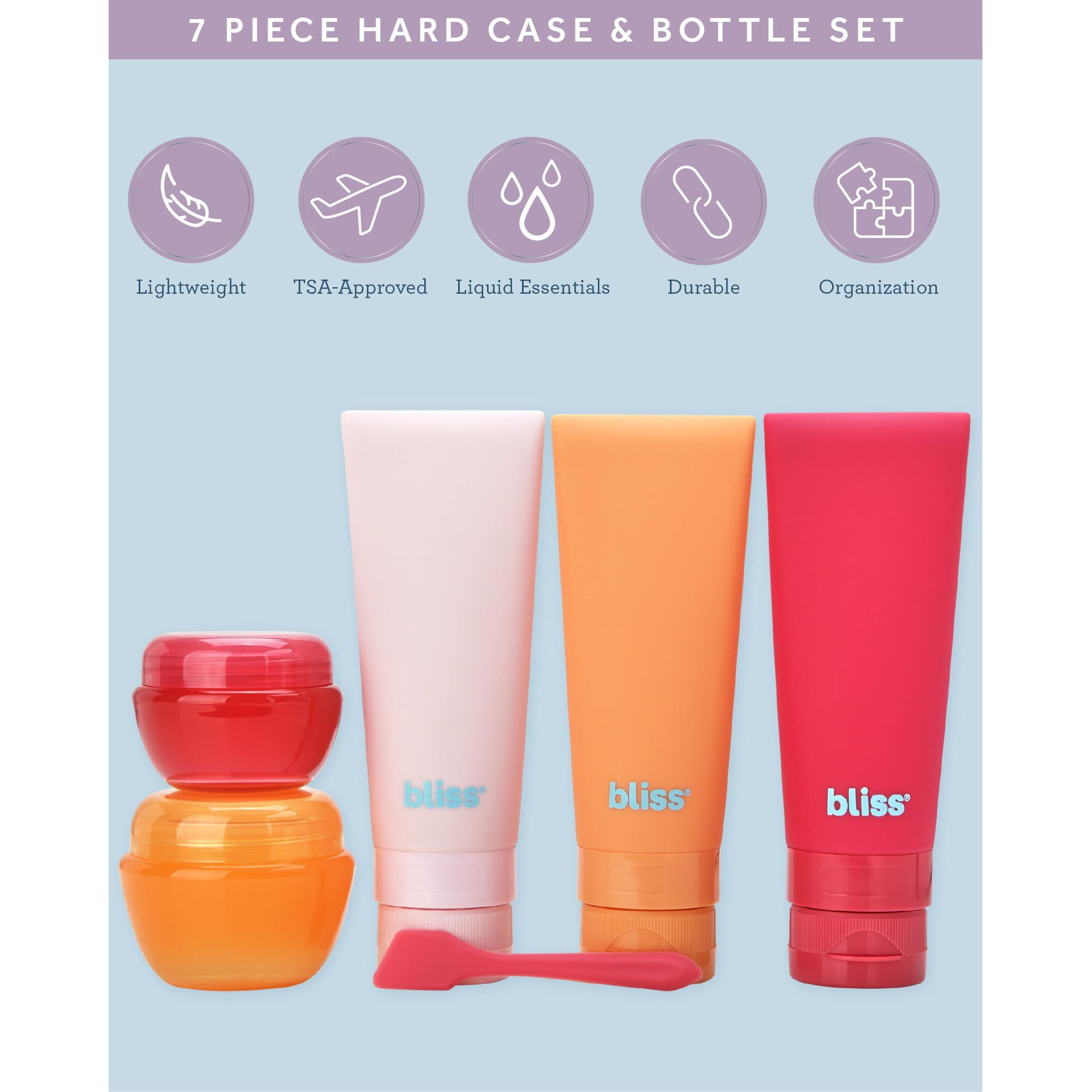 Bliss Travel Bottles Set - 4/7/10 Piece Tsa Approved Leak-Free Refillable Travel Size Toiletries Containers For Skincare, Lotion, Shampoo, And Conditioner, 7Pc Amalfi Vibes