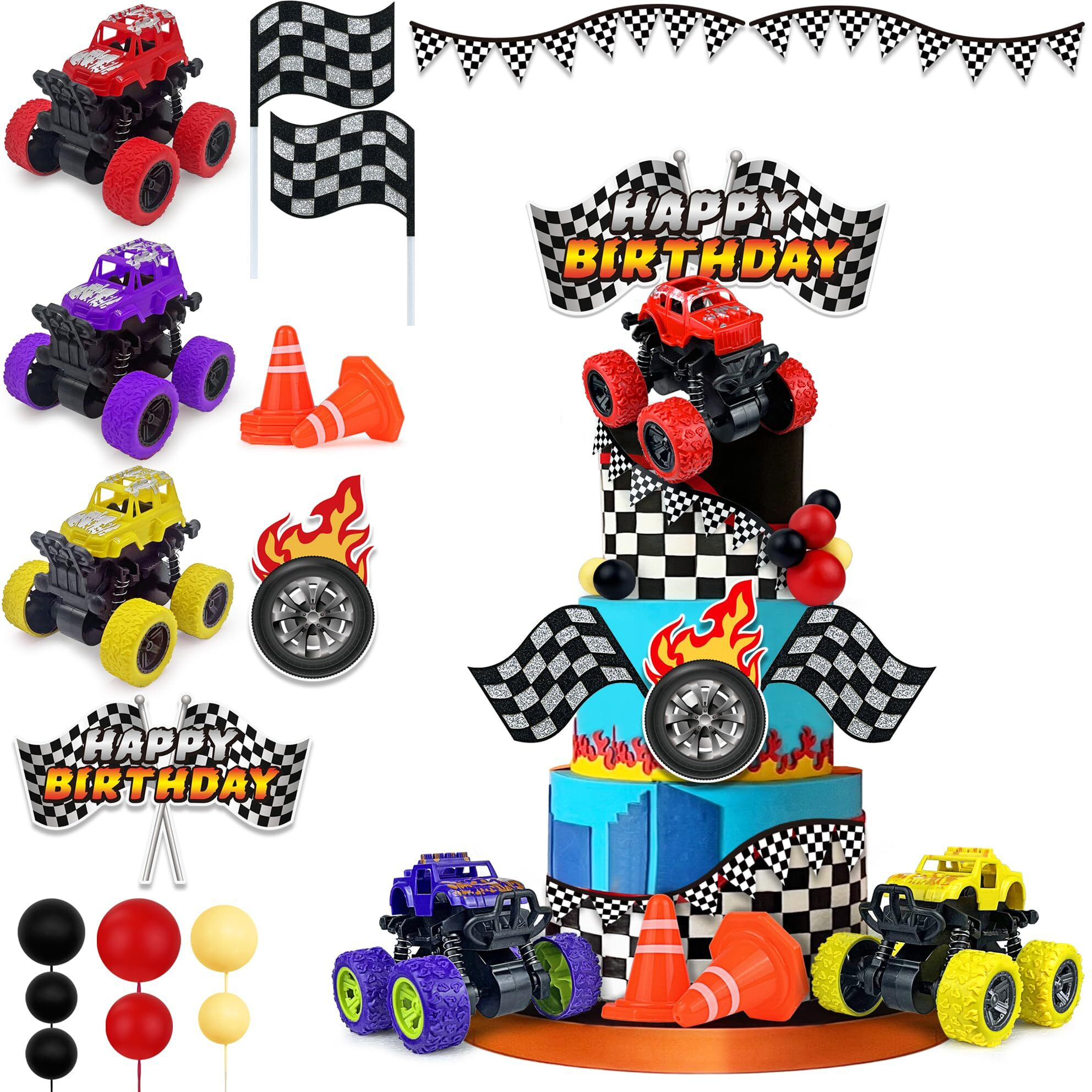 20Pcs Truck Cake Decoration 3 Colors Off-Road Vehicle Cake Top Decoration Red Black Yellow Ball Truck Themed Party Supplies